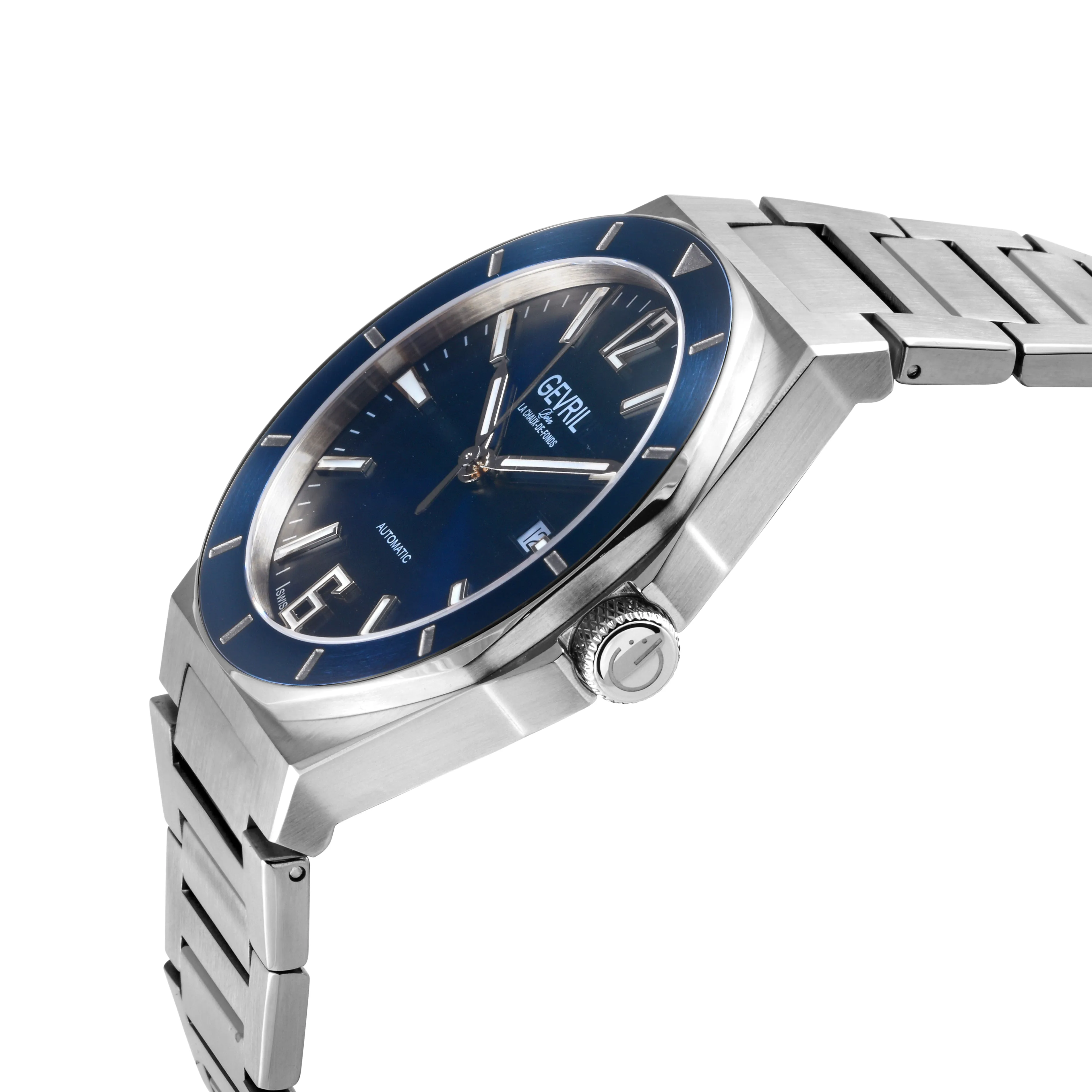 Gevril Men's High Line Automatic Watch Stainless Steel Case, Top ring in Blue Sapphire Crystal, Stainless Steel Bracelet