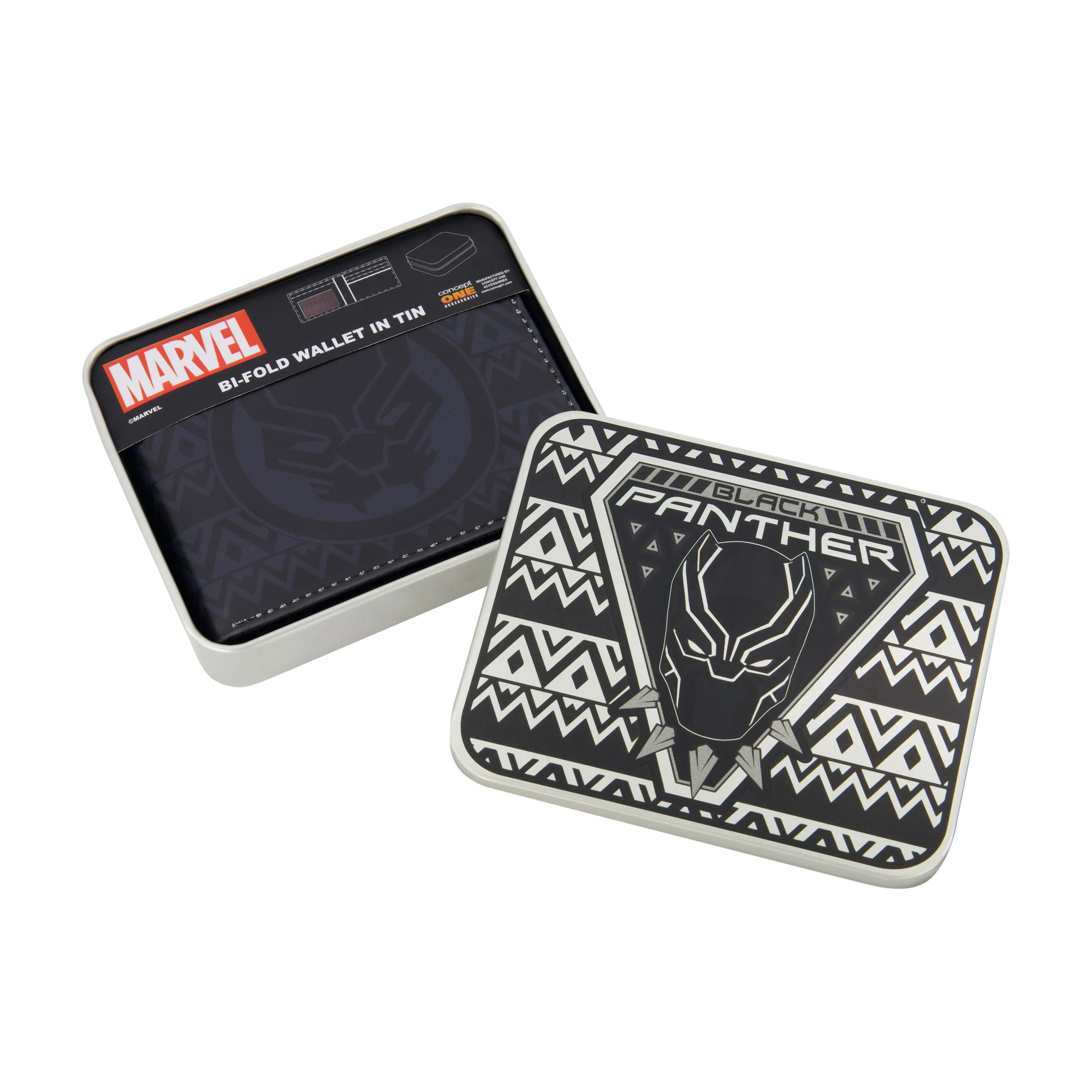 MARVEL BLACK PANTHER LOGO Bifold Wallet, Slim Wallet with Decorative Tin for Men and Women