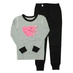 Mightly Girls Black | White | Stripes | Pink Heart 2-piece Pajamas