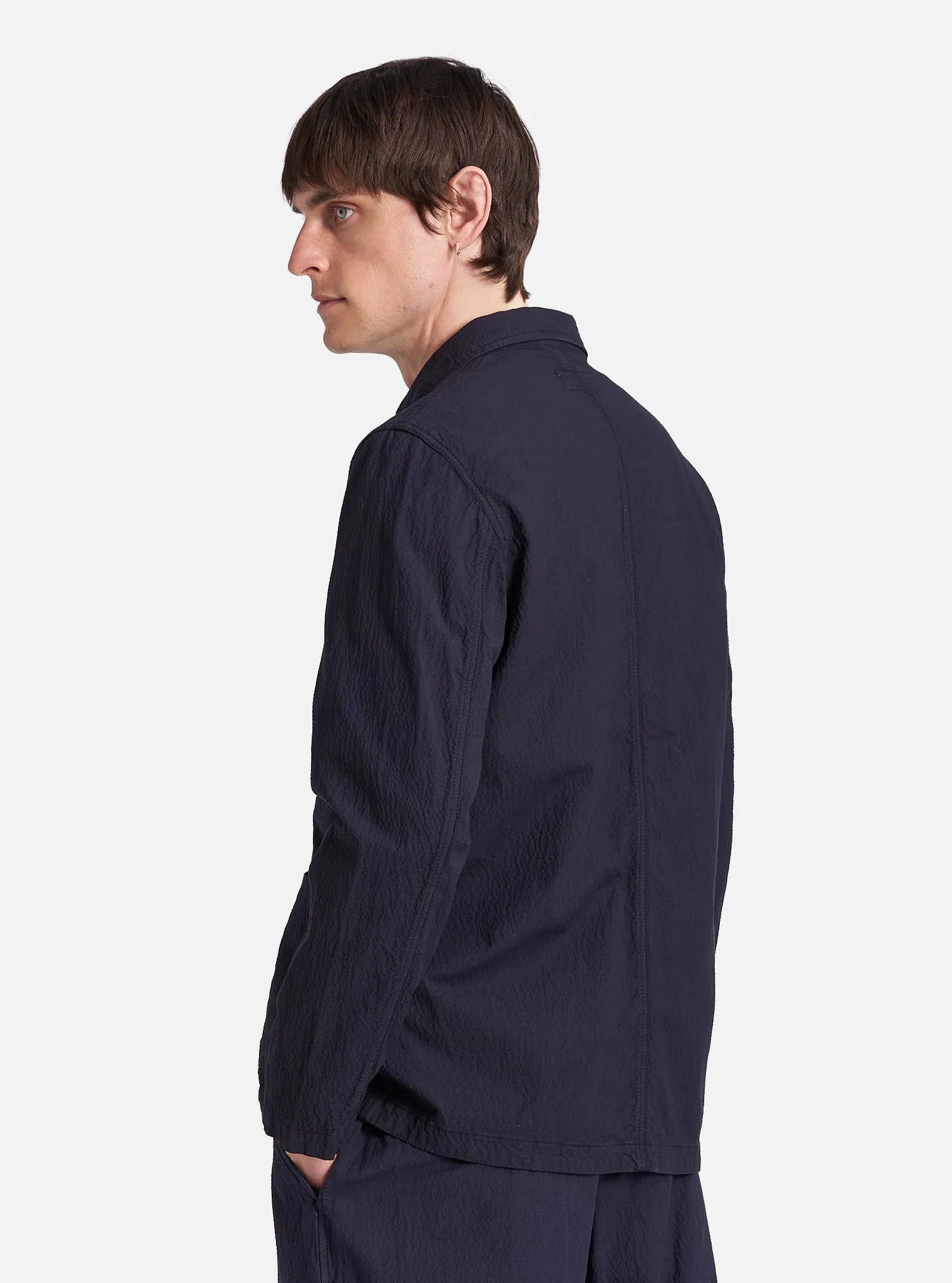 Universal Works Bakers Jacket in Navy Seersucker II
