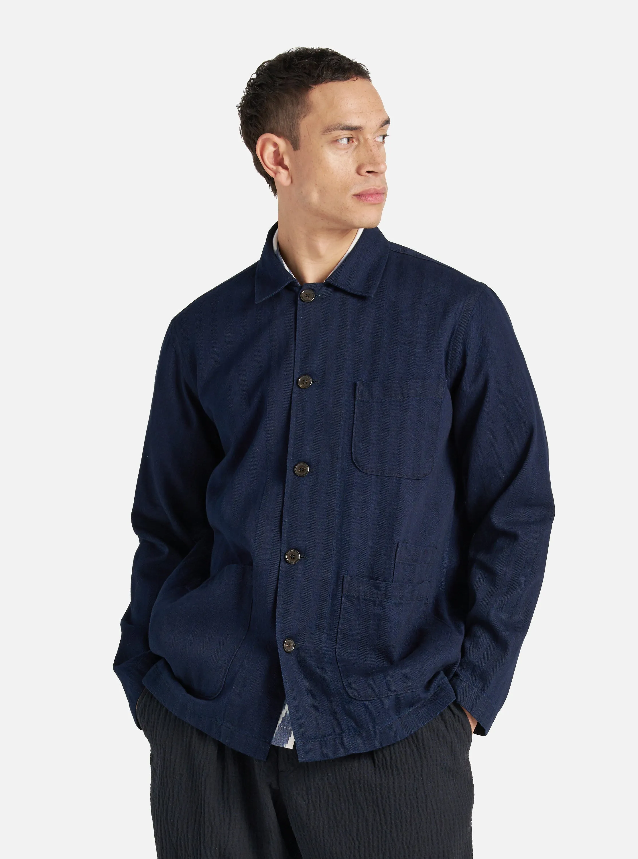 Universal Works Bakers Overshirt in Indigo Herringbone Denim