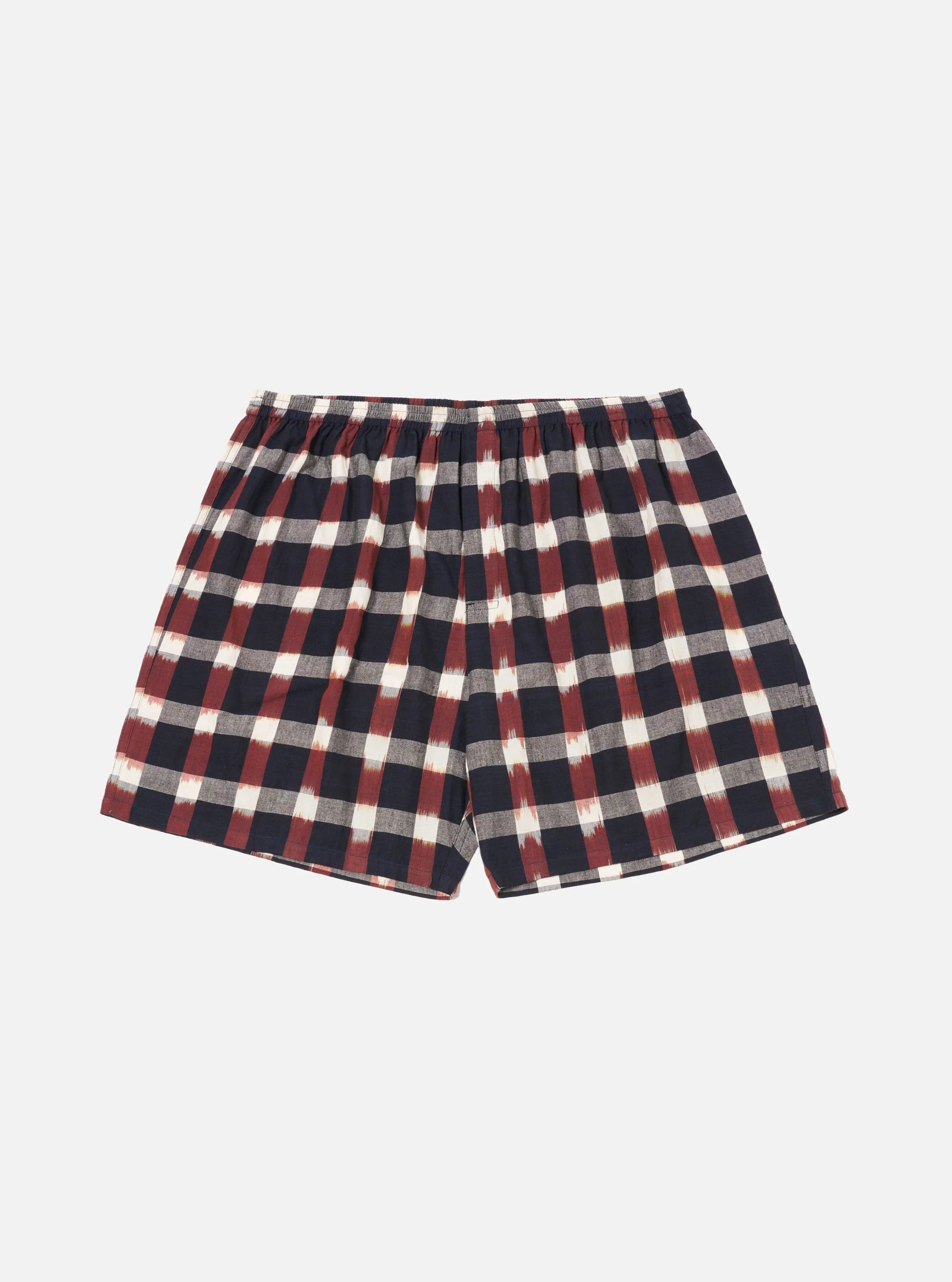 Universal Works Boxer Short in Navy/Brown Check Ikat