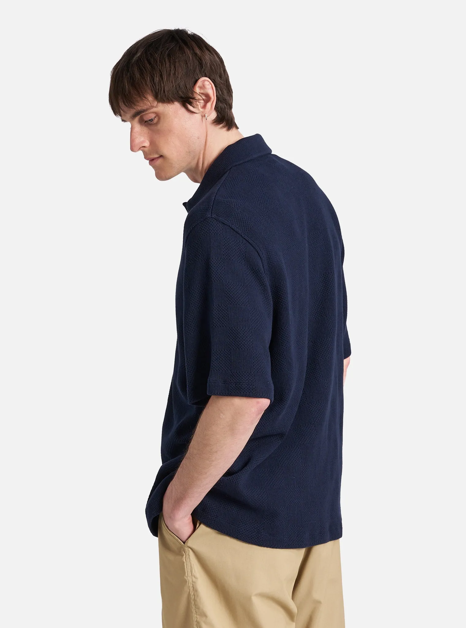 Universal Works Button Through Polo in Bright Navy Fantasy Checkerboard