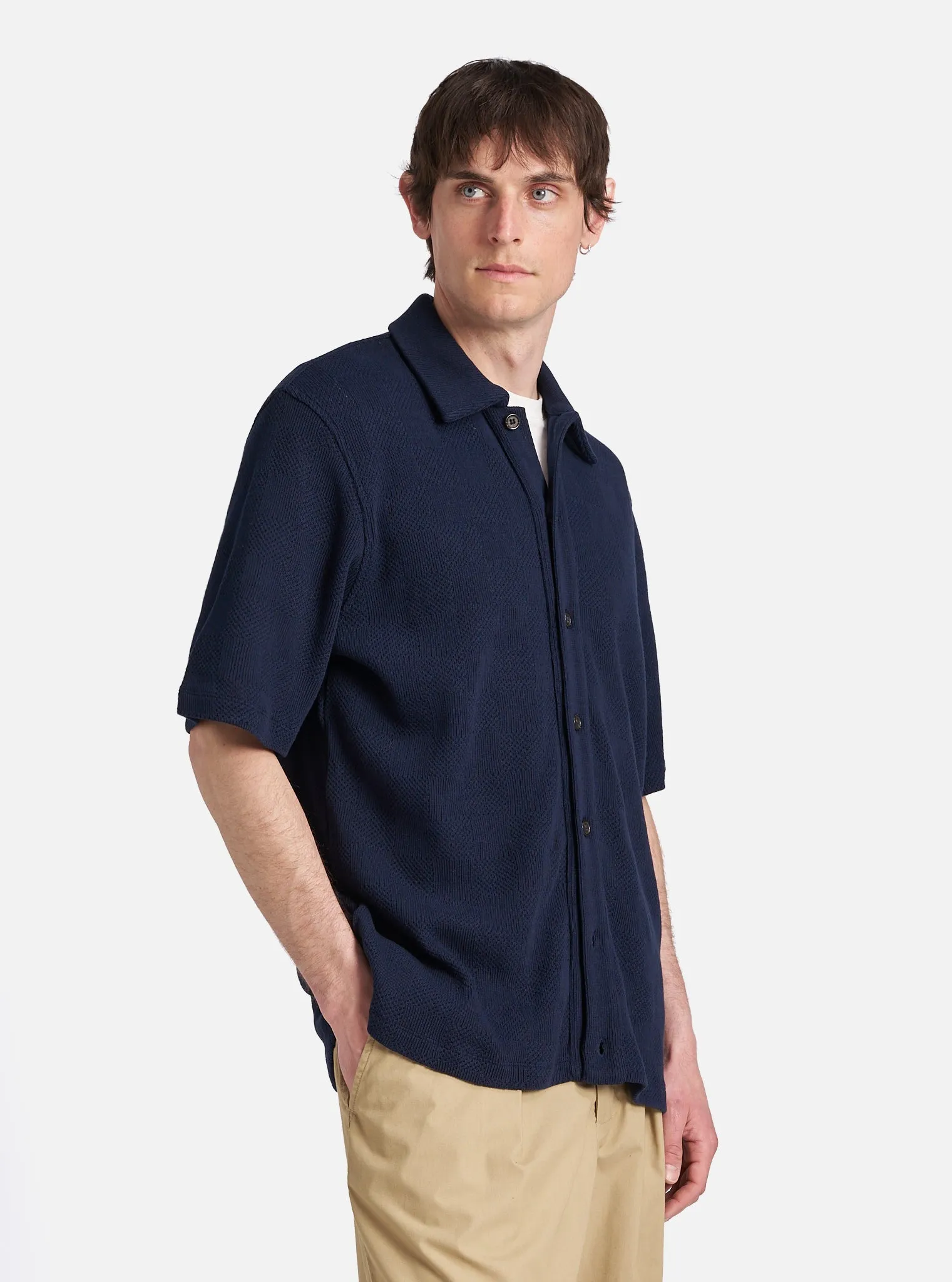 Universal Works Button Through Polo in Bright Navy Fantasy Checkerboard