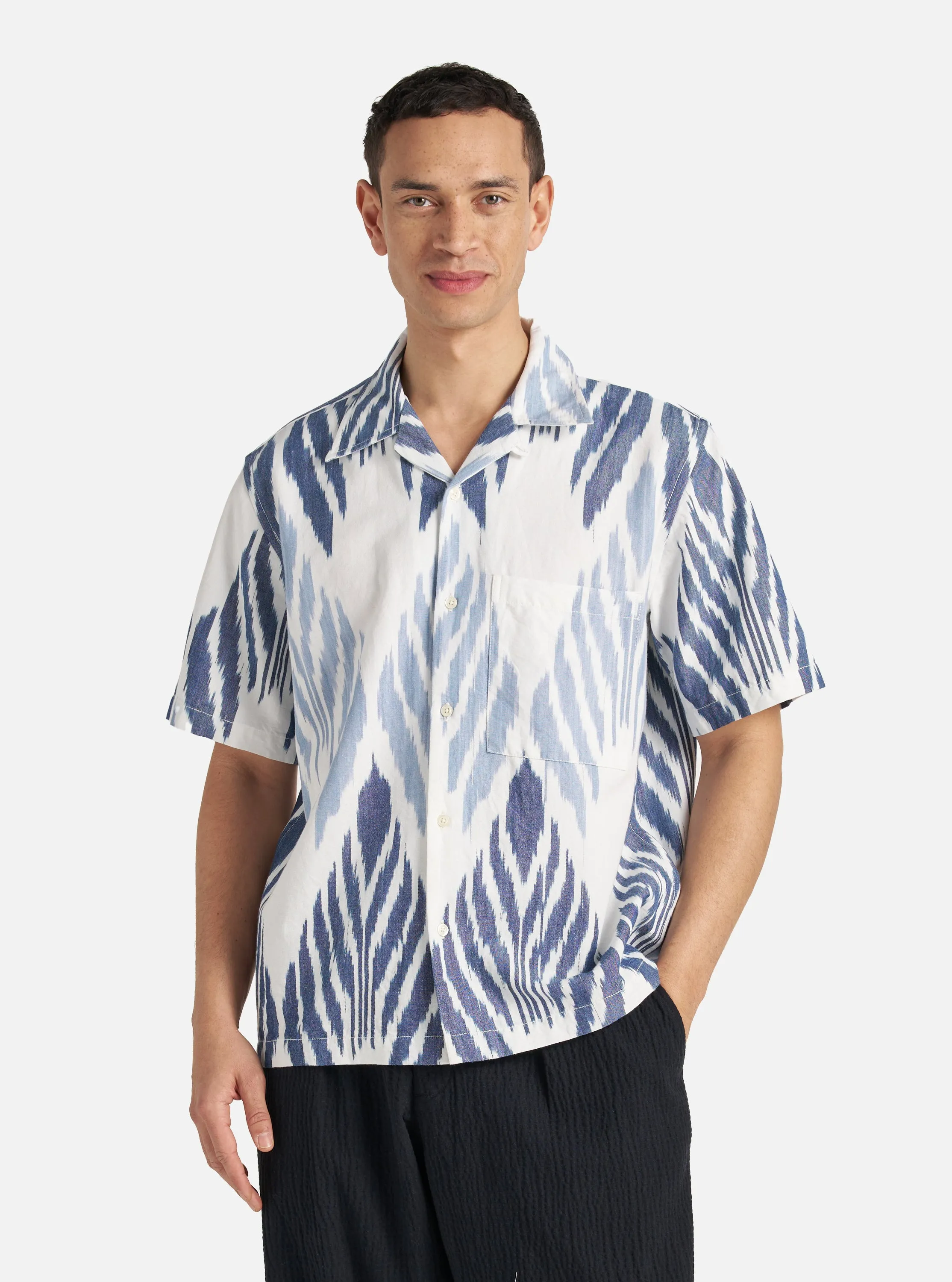 Universal Works Camp Shirt in Blue Peacock Ikat