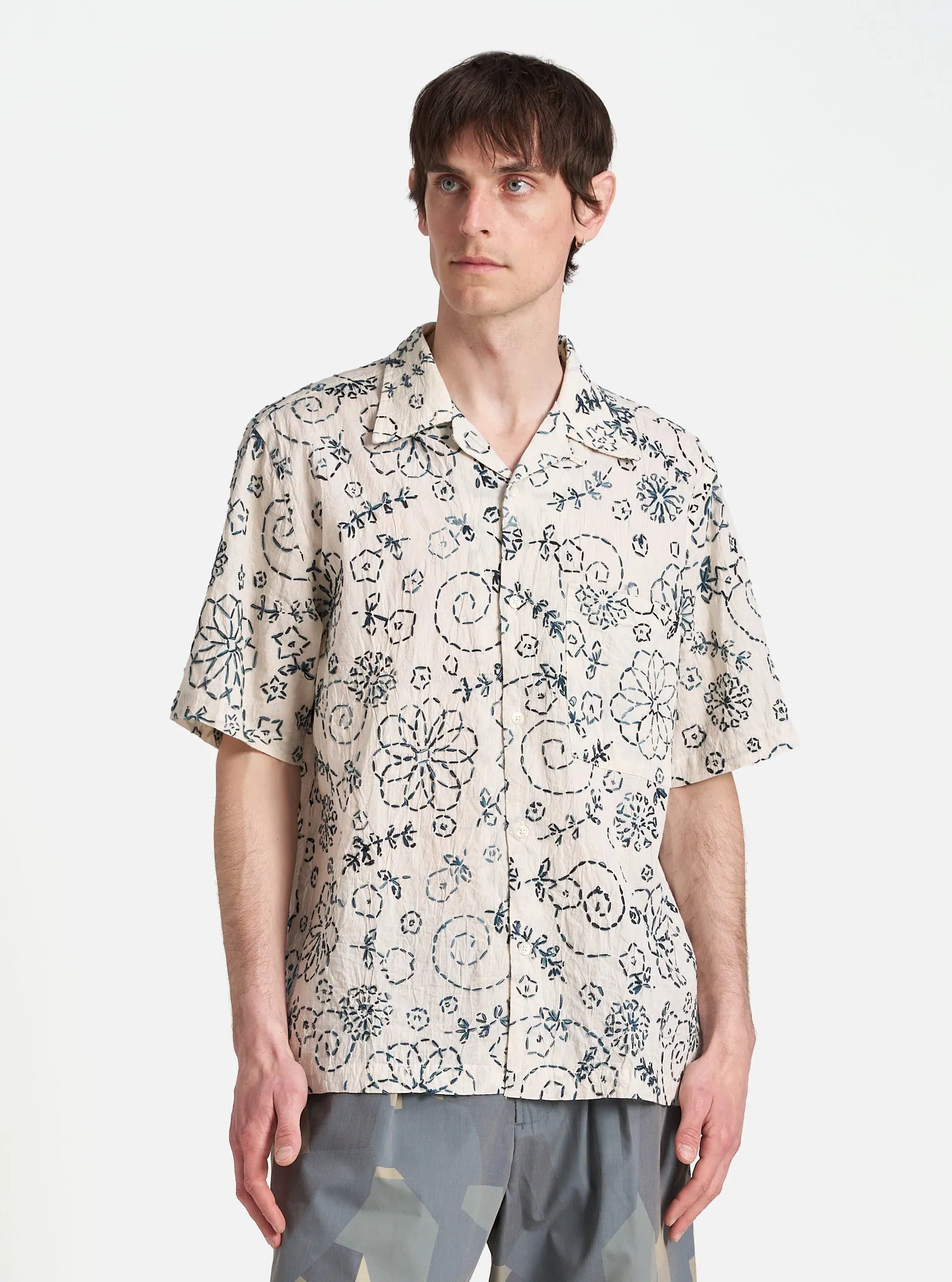 Universal Works Camp Shirt in Ecru Charcoal Kantha Cotton
