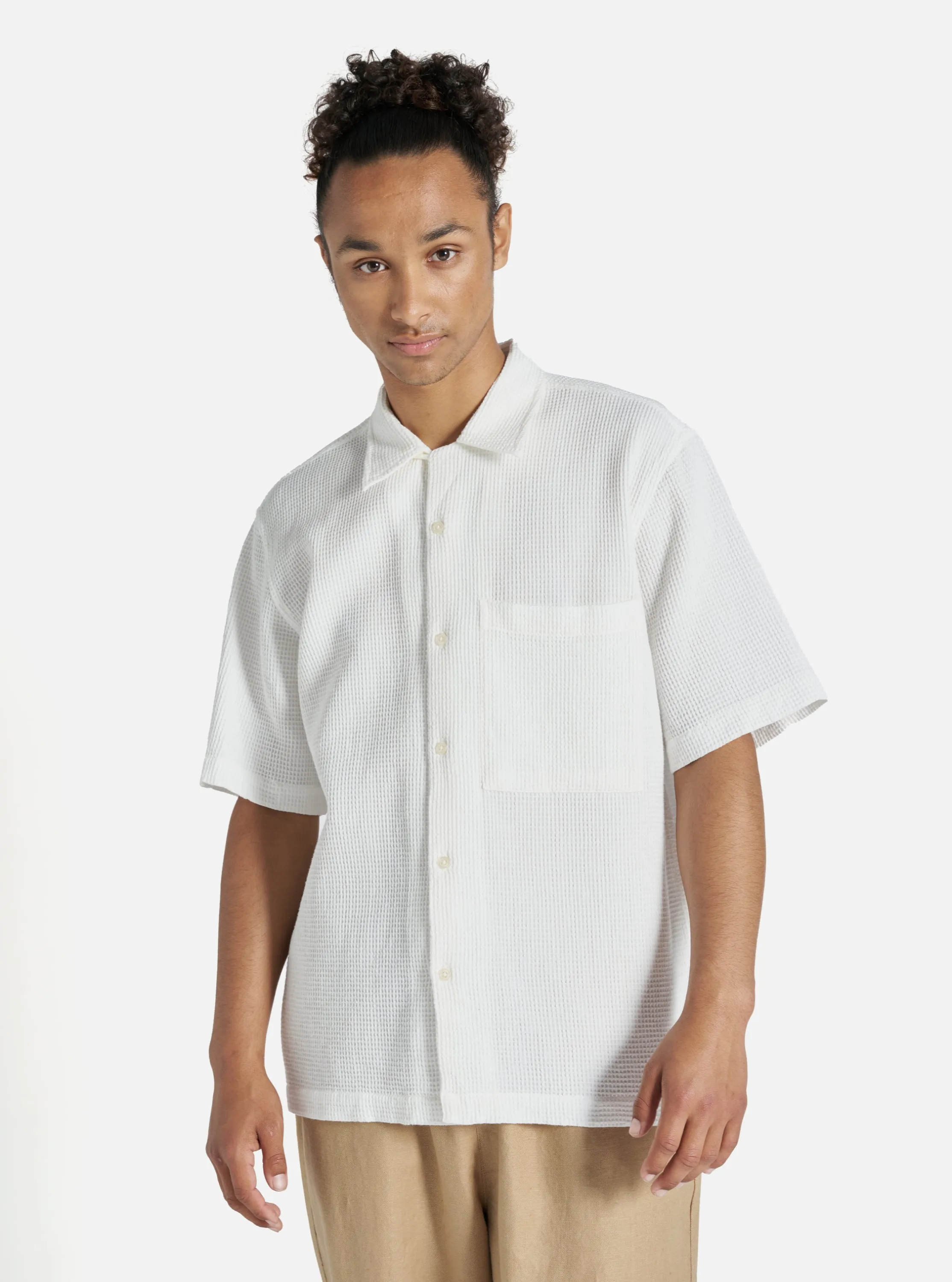 Universal Works Camp Shirt in Ecru Japanese Waffle