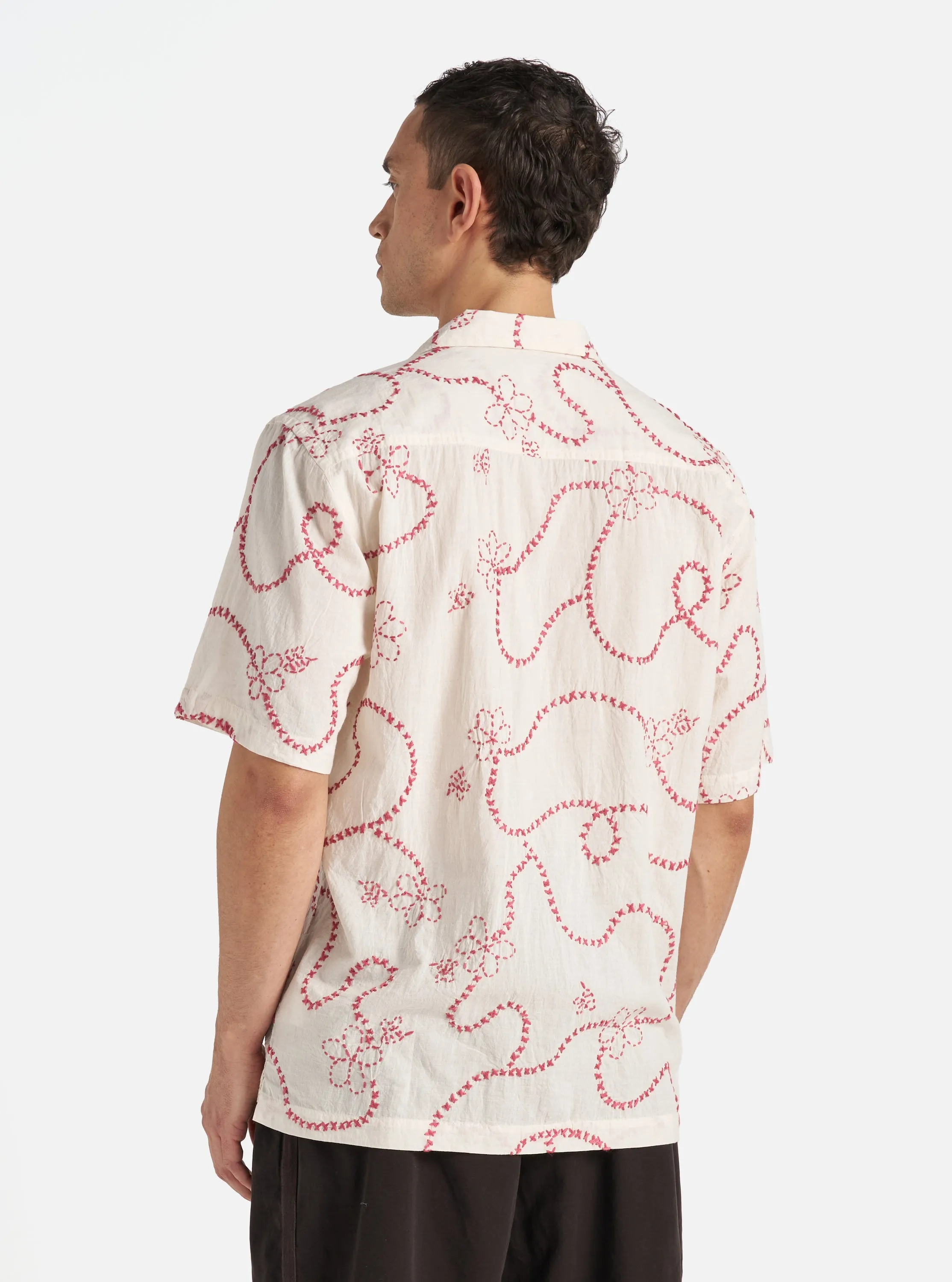 Universal Works Camp Shirt in Ecru Terracotta Kantha Cotton