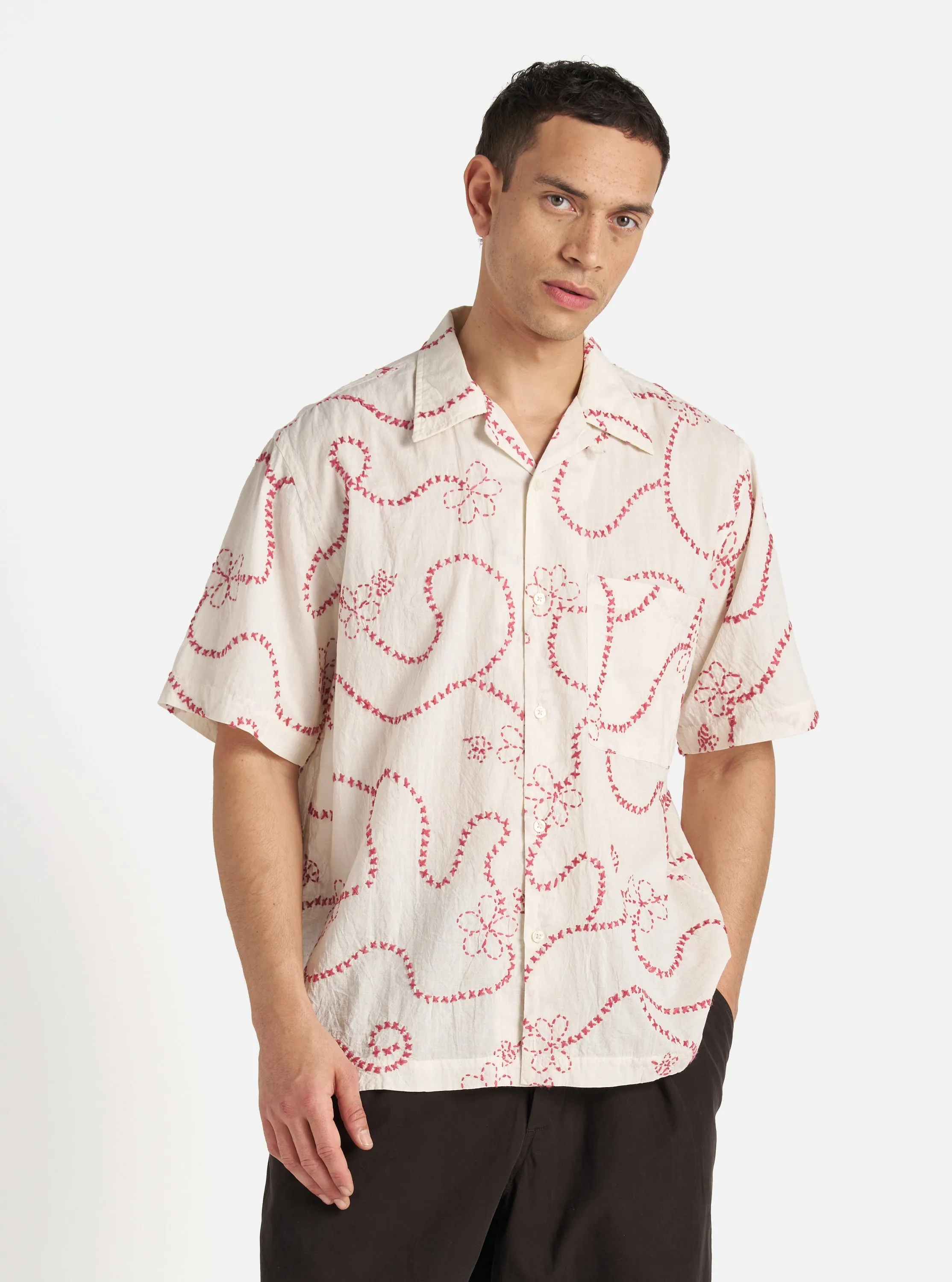 Universal Works Camp Shirt in Ecru Terracotta Kantha Cotton