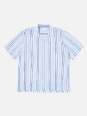 Universal Works Camp Shirt in White/Blue Pop Stripe Two