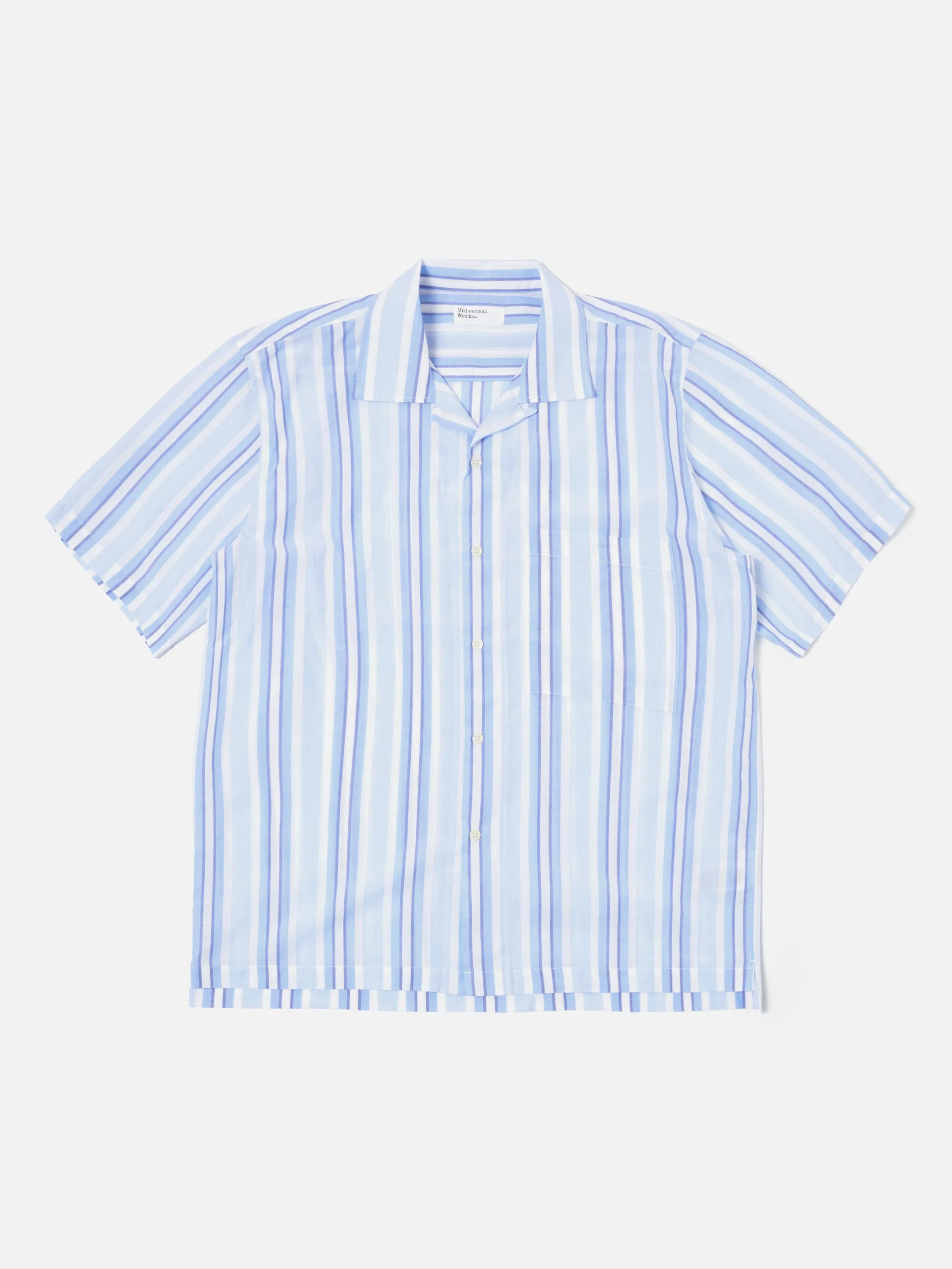 Universal Works Camp Shirt in White/Blue Pop Stripe Two