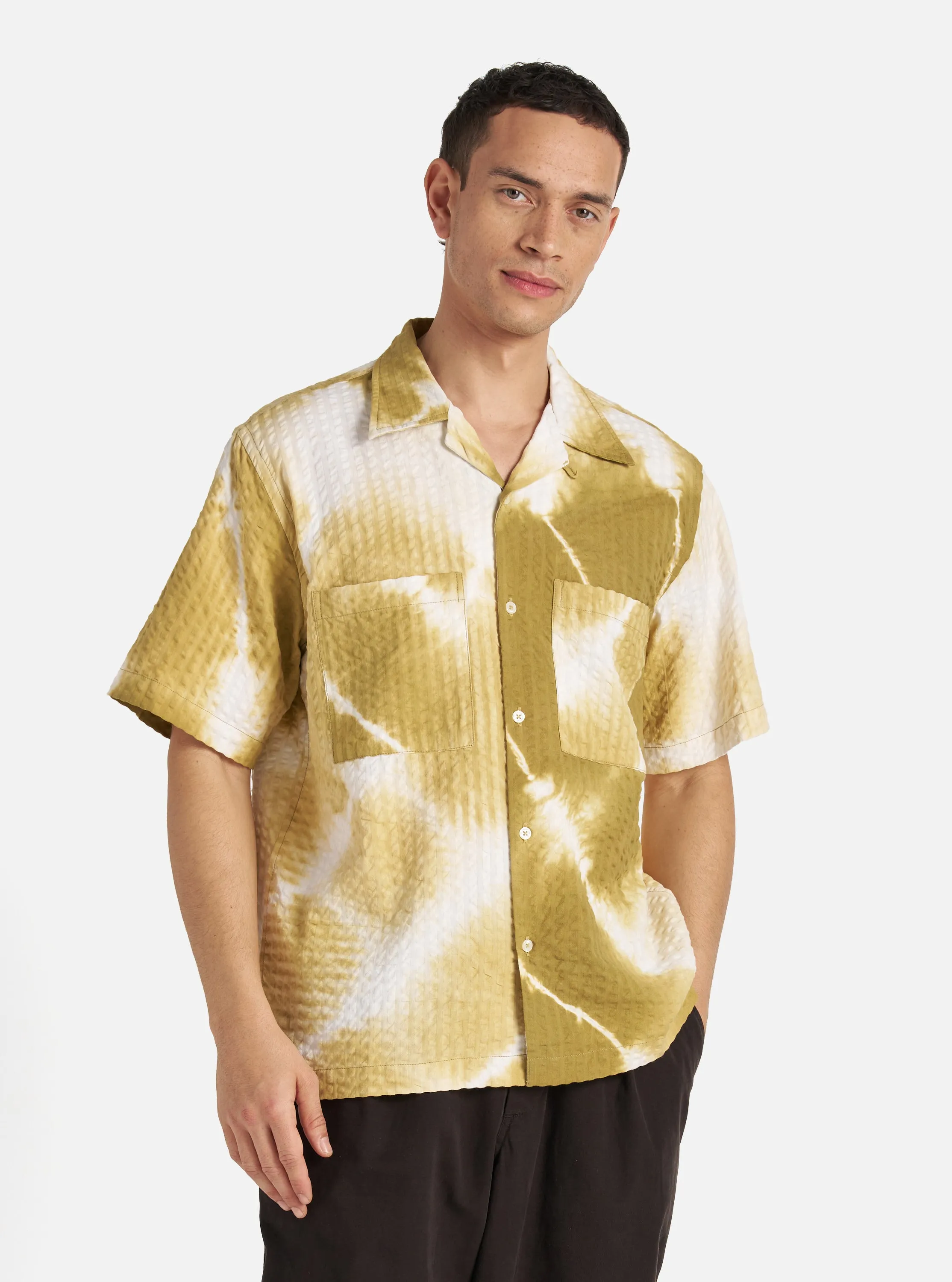 Universal Works Camper Shirt in Khaki Tie N Dye Seersucker
