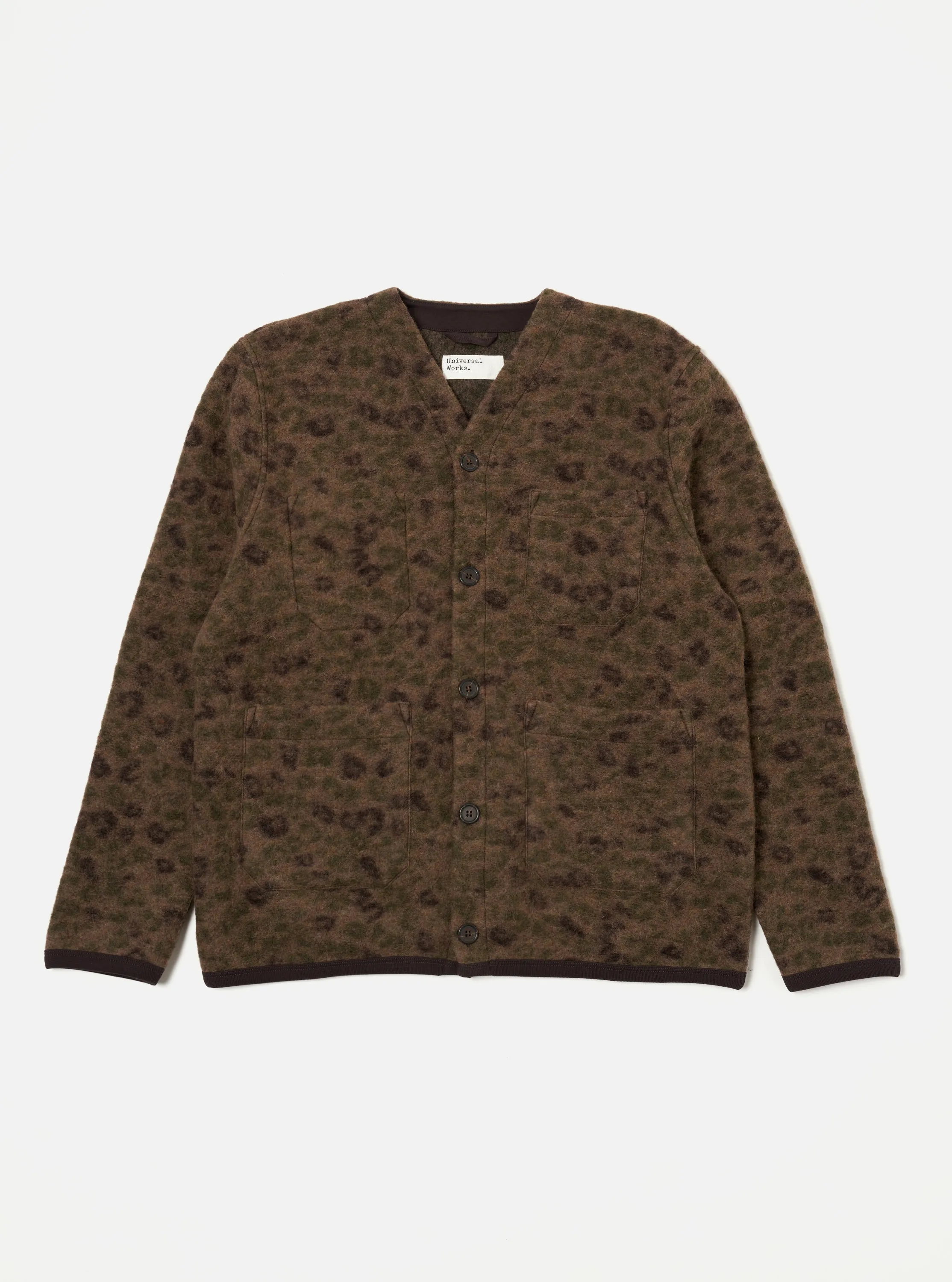 Universal Works Cardigan in Brown Camo Leopard ll Fleece