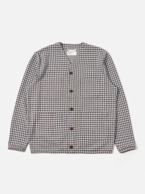 Universal Works Cardigan in Brown/Sky Gingham Cotton