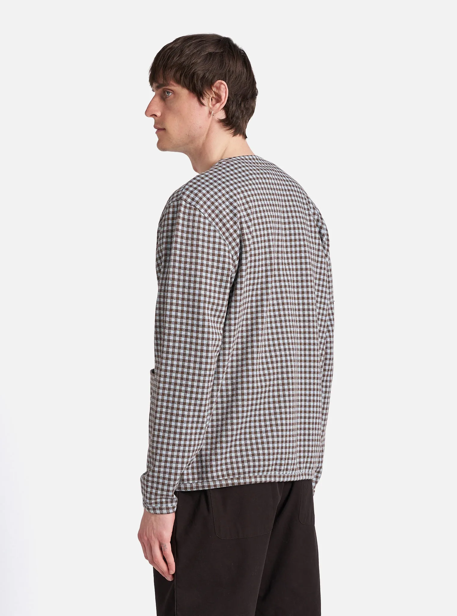 Universal Works Cardigan in Brown/Sky Gingham Cotton