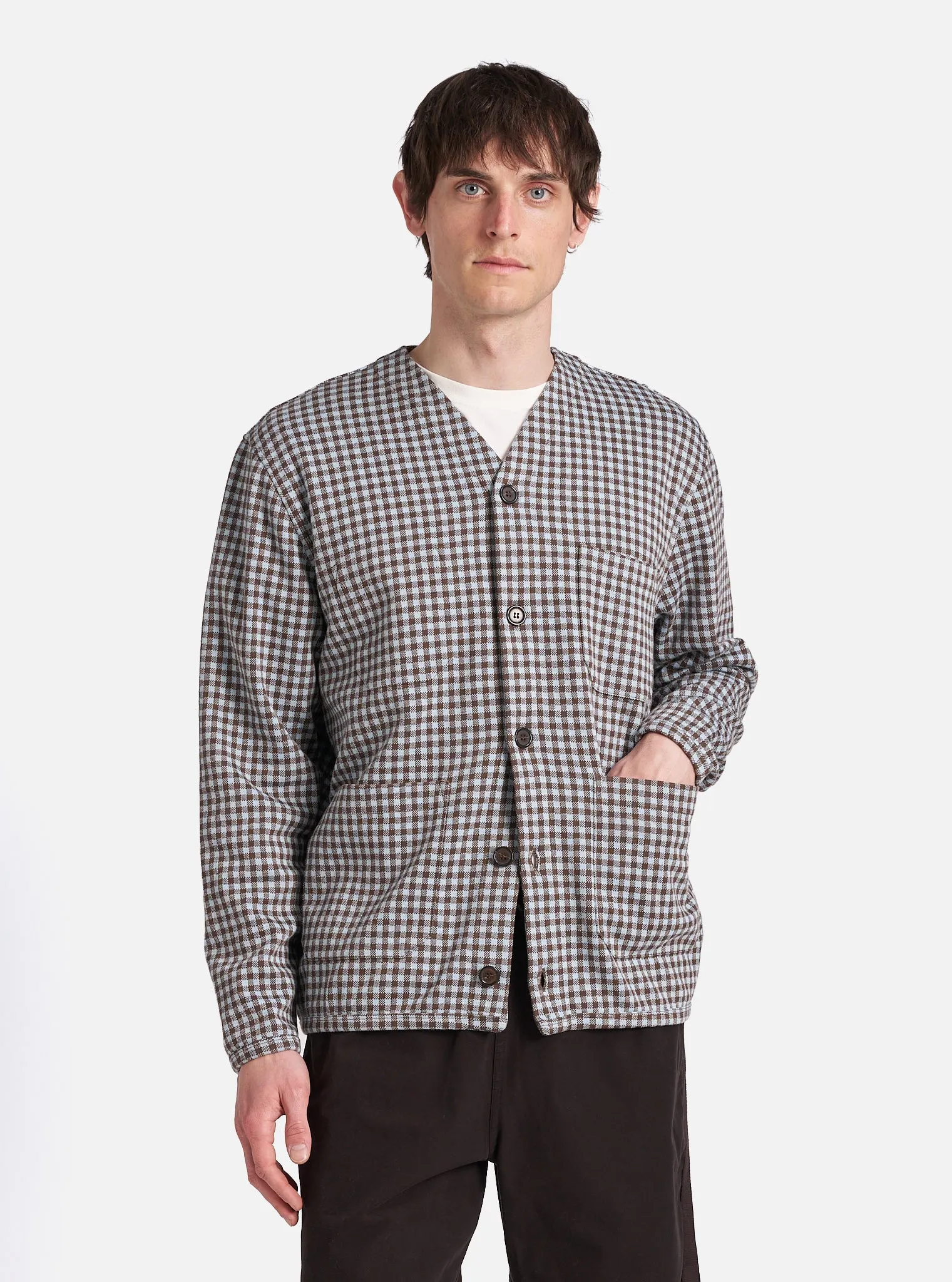 Universal Works Cardigan in Brown/Sky Gingham Cotton