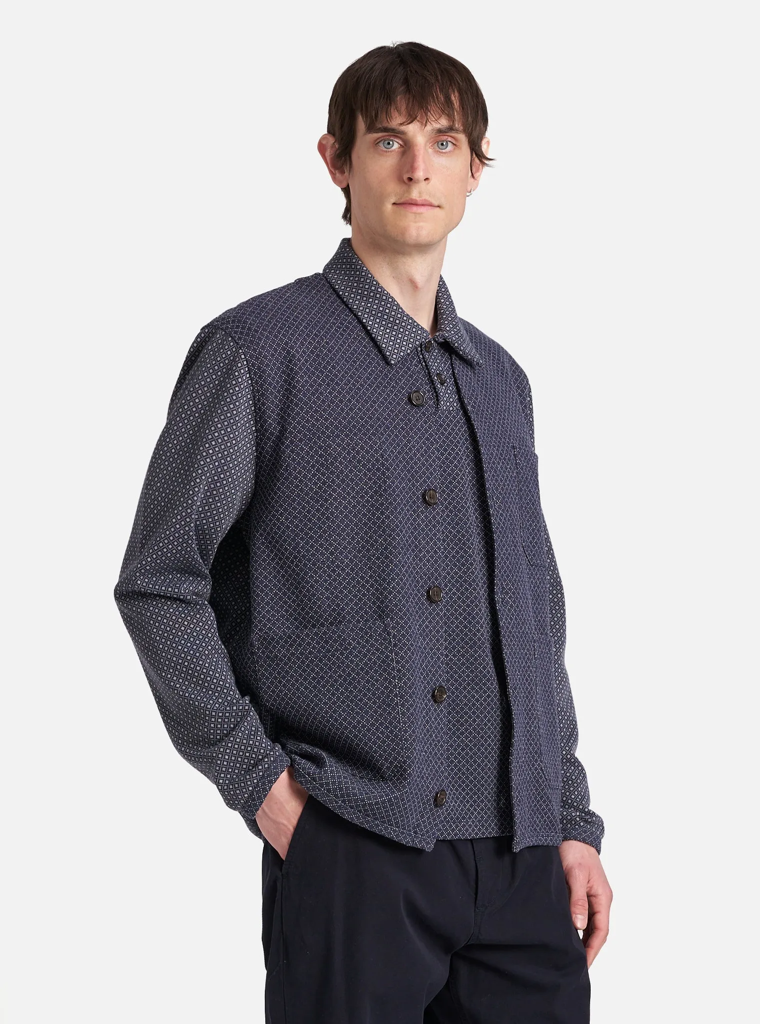 Universal Works Cardigan in Navy Cotton Mix Fleece