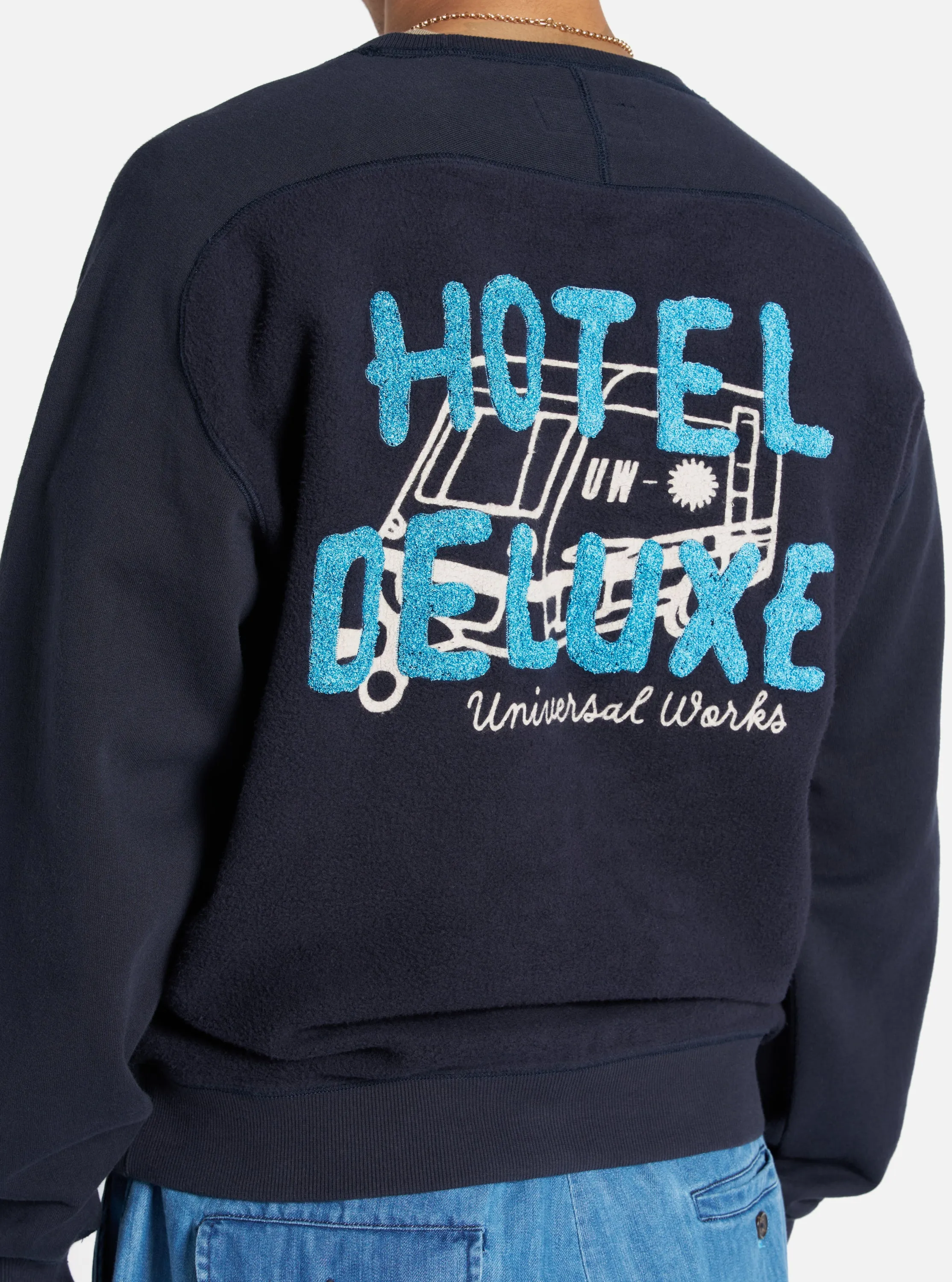 Universal Works Crew Sweat in Navy 'Hotel Deluxe' Embroidered Brush Back