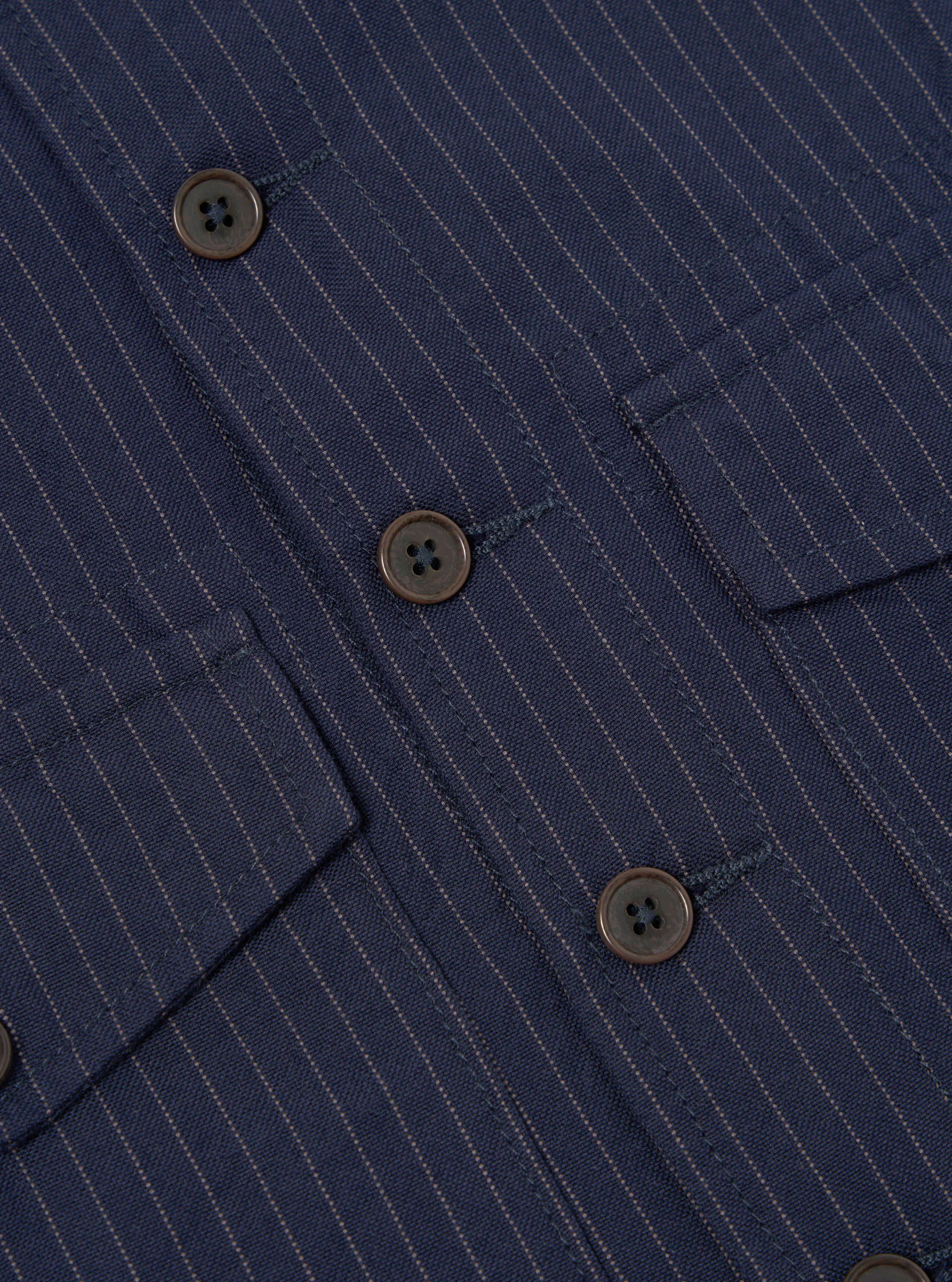 Universal Works Field Waistcoat in Navy Cotton Pinstripe