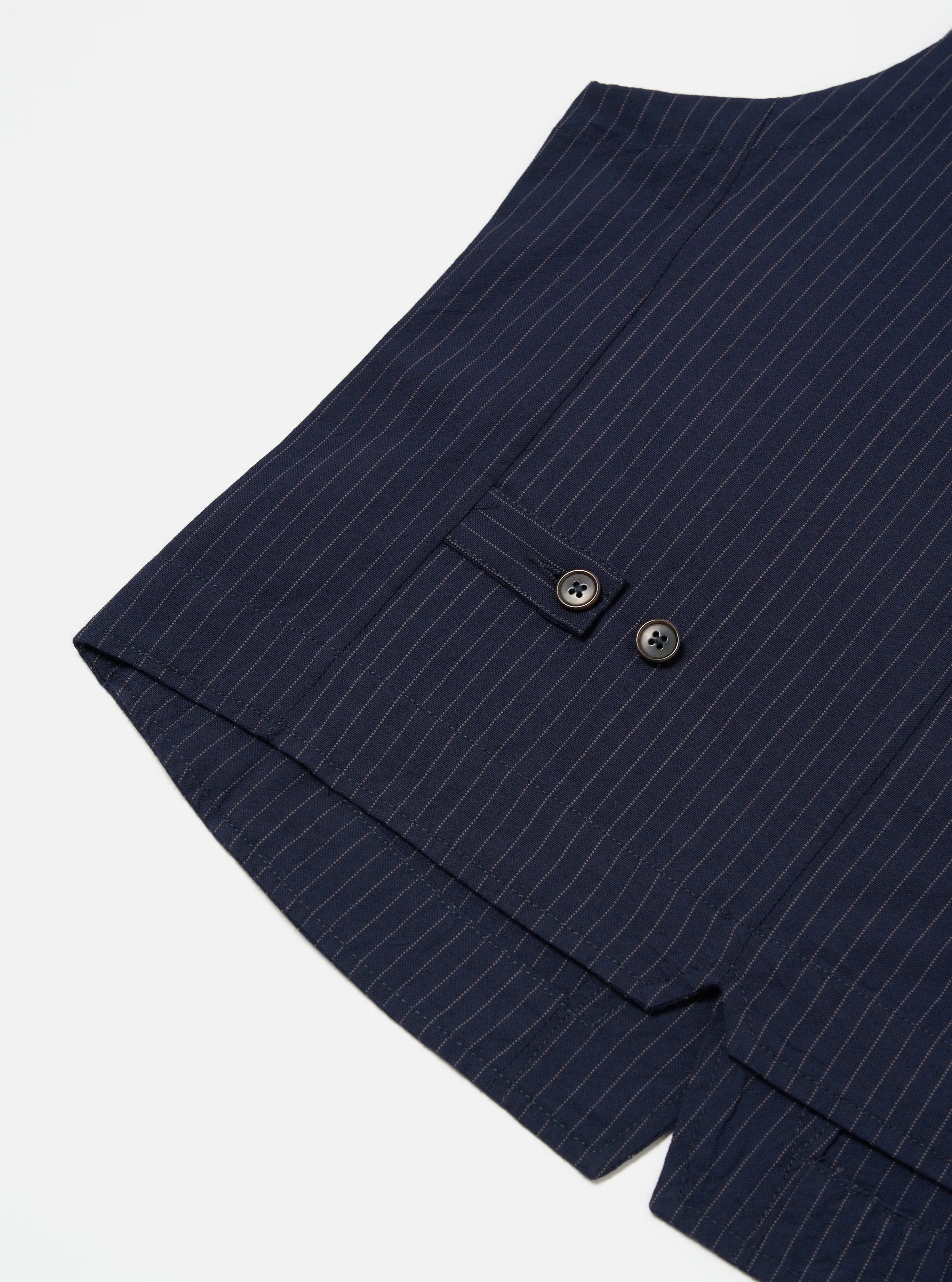 Universal Works Field Waistcoat in Navy Cotton Pinstripe