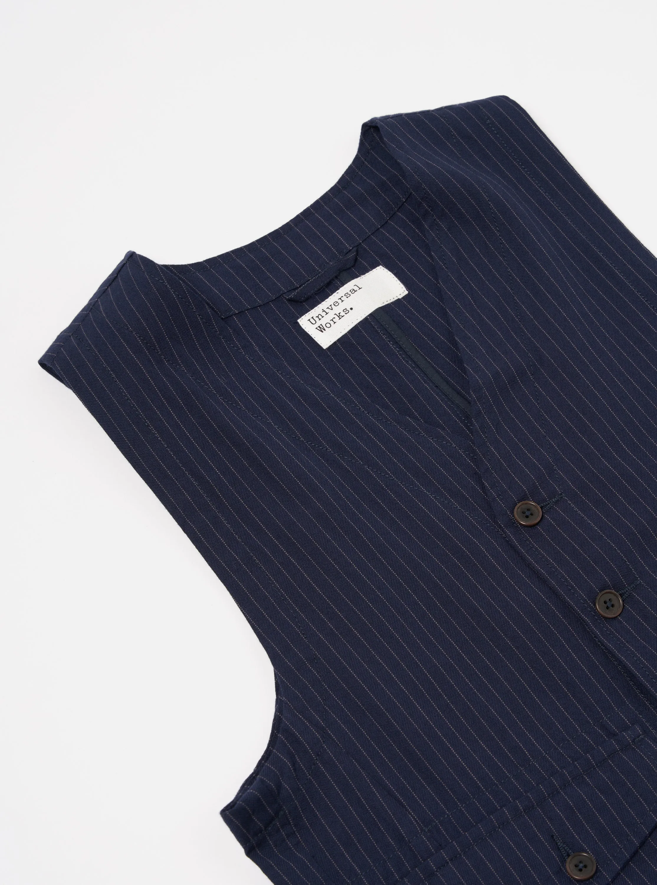 Universal Works Field Waistcoat in Navy Cotton Pinstripe