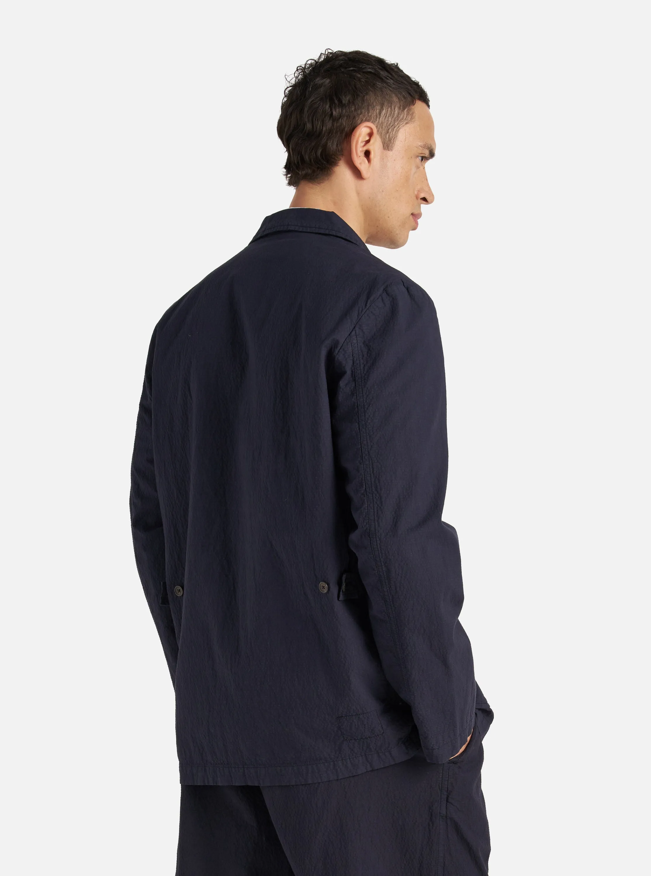 Universal Works Five Pocket Jacket in Navy Seersucker II