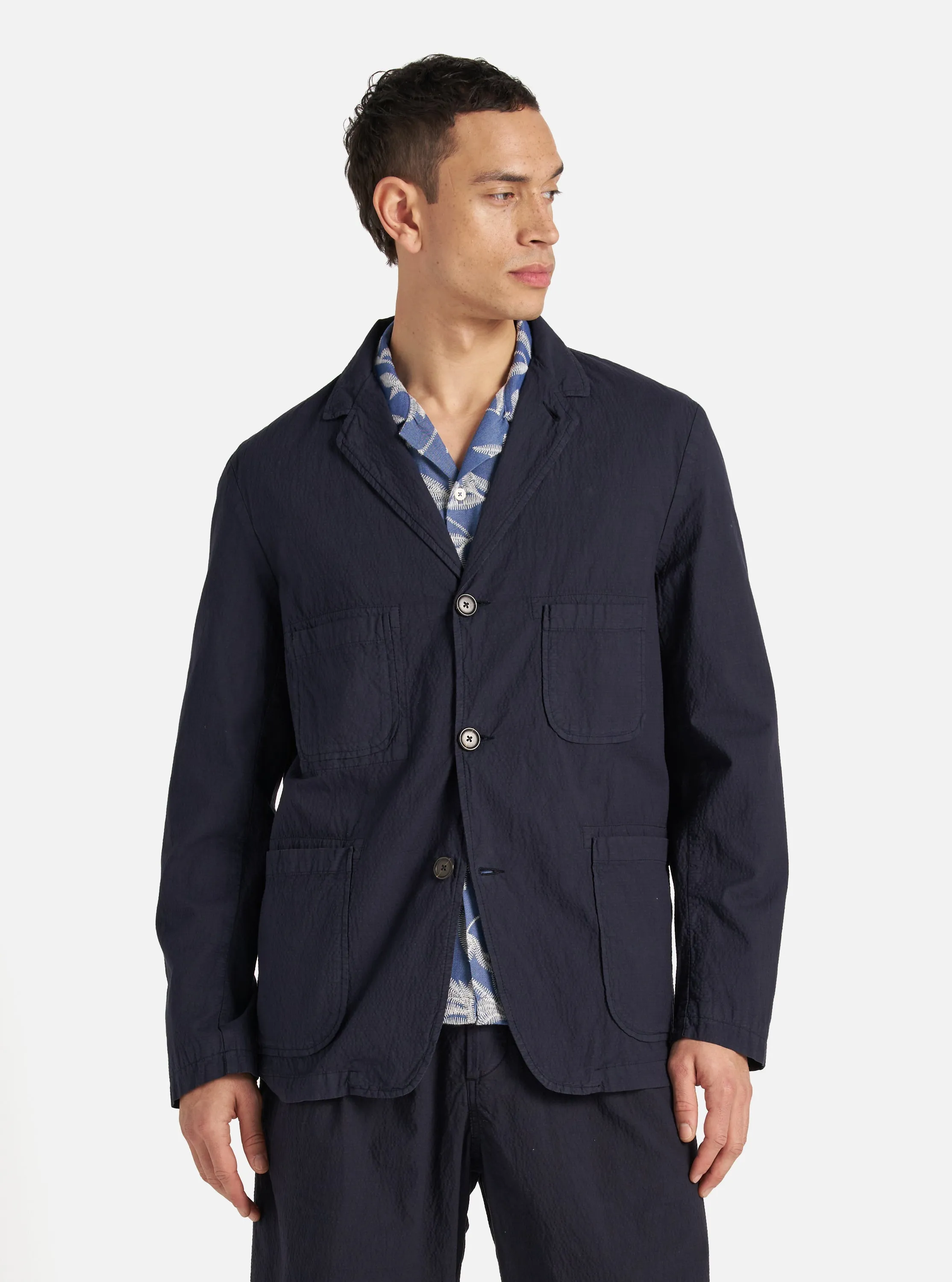 Universal Works Five Pocket Jacket in Navy Seersucker II