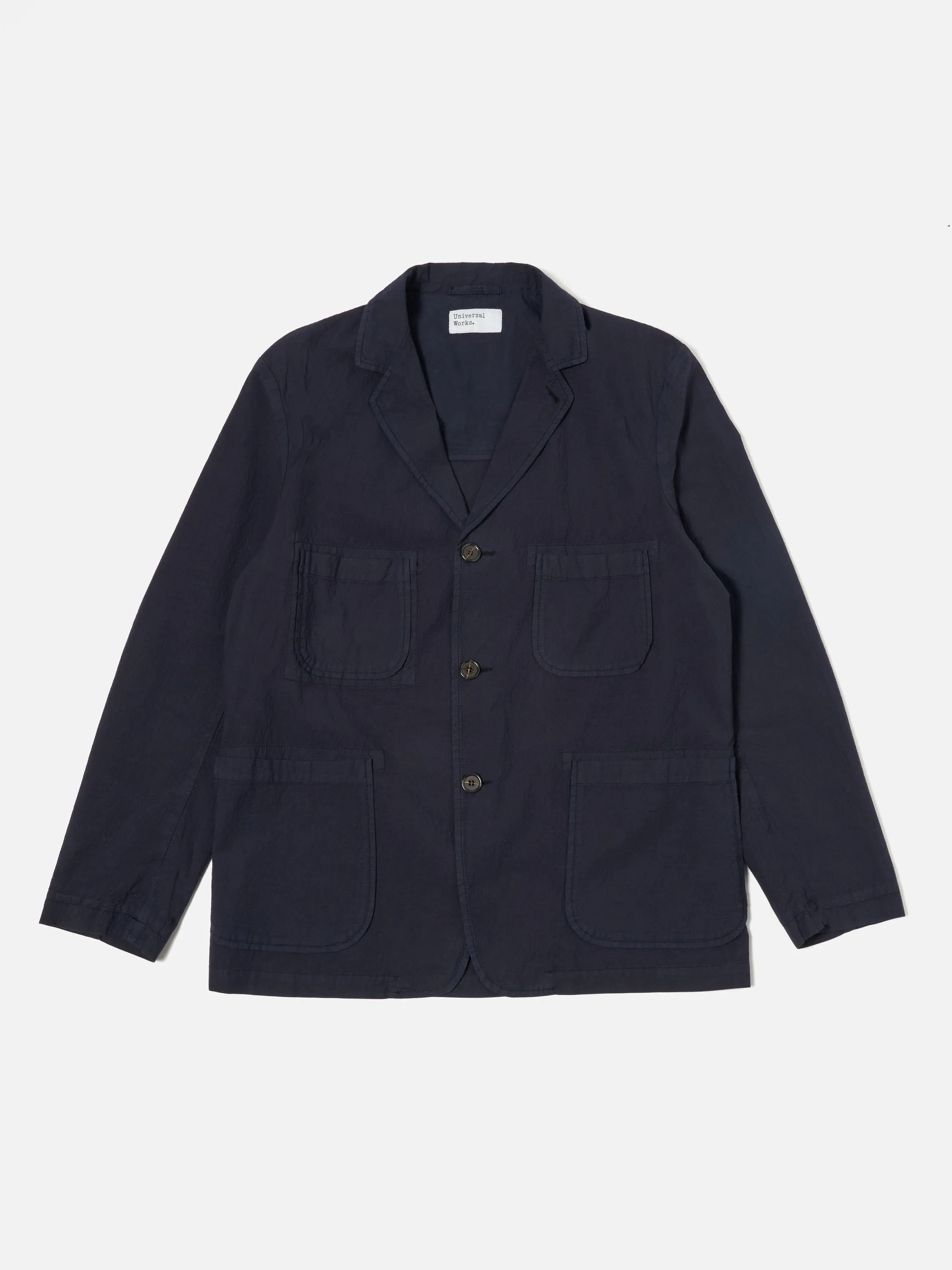 Universal Works Five Pocket Jacket in Navy Seersucker II
