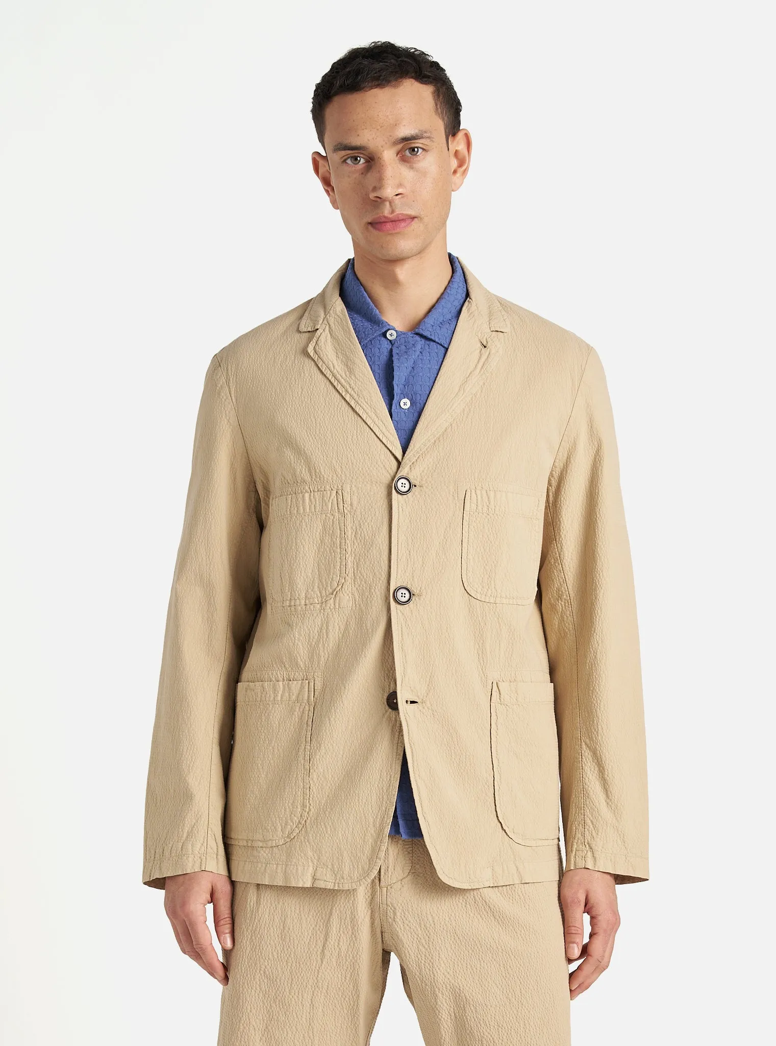 Universal Works Five Pocket Jacket in Sand Seersucker II