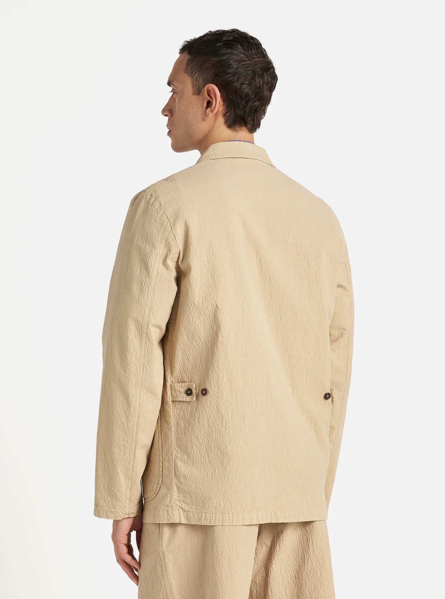 Universal Works Five Pocket Jacket in Sand Seersucker II