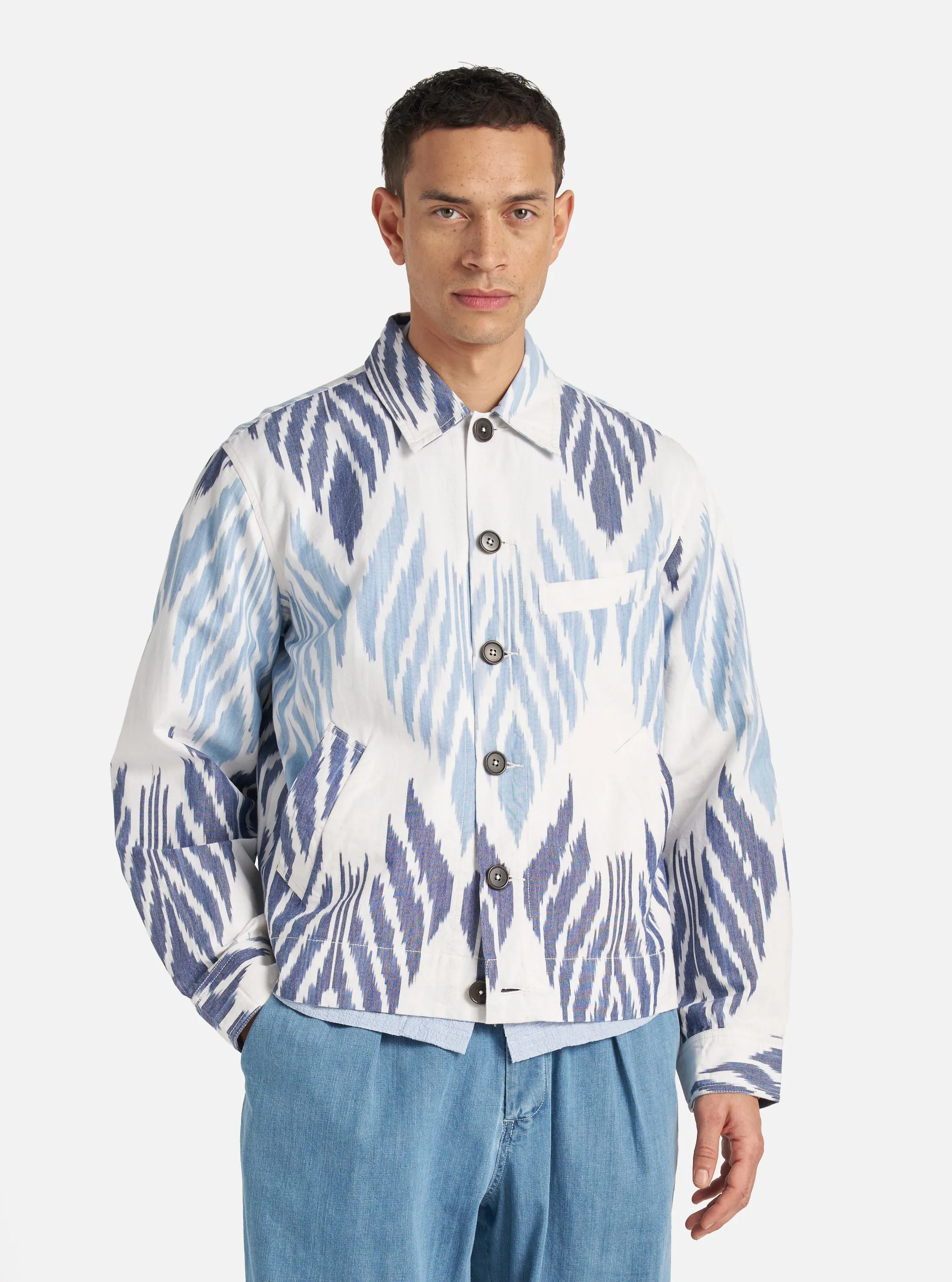 Universal Works James Jacket in Blue Peacock Ikat