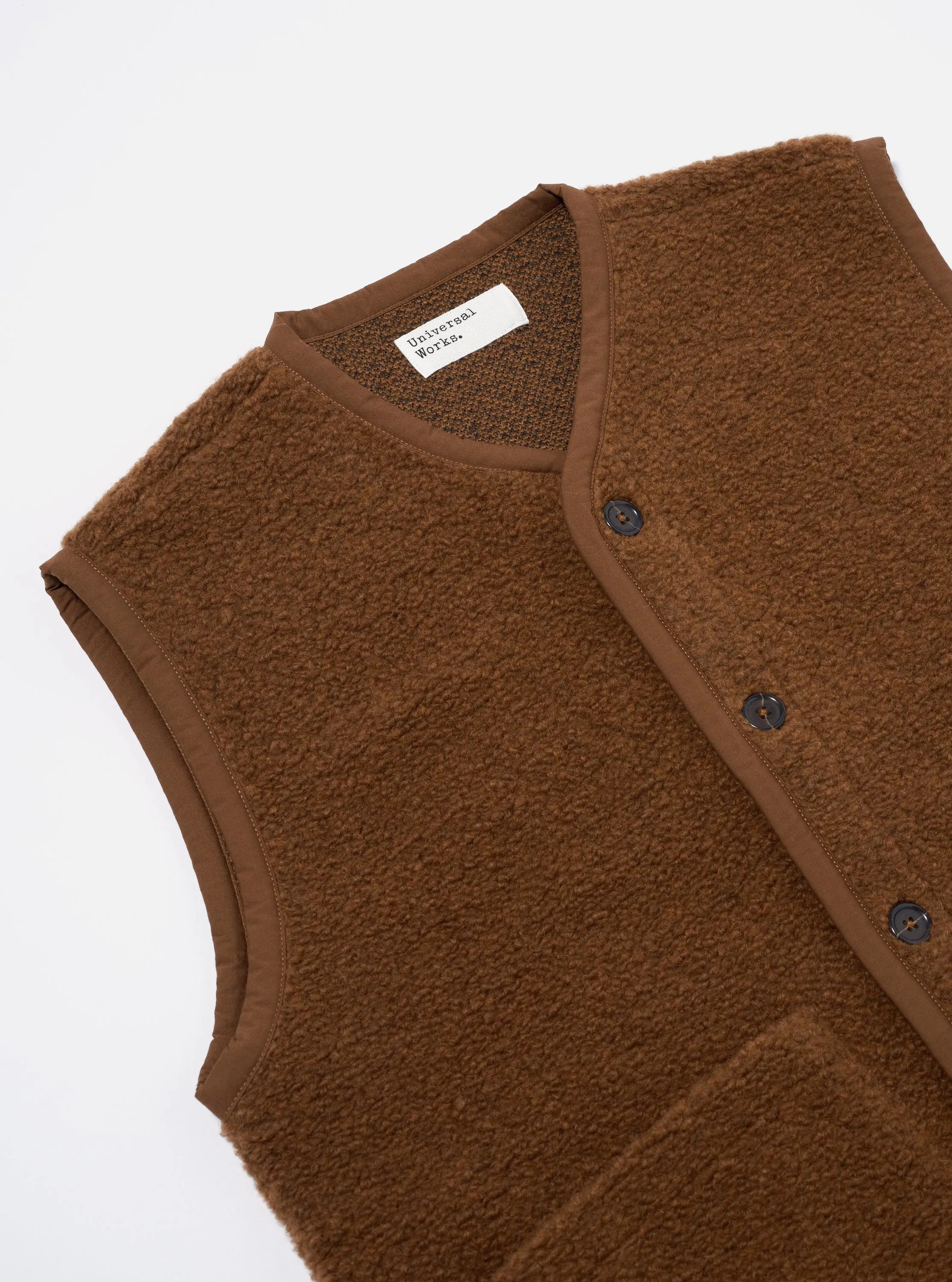 Universal Works Lancaster Gilet in Brown Alvar Fleece