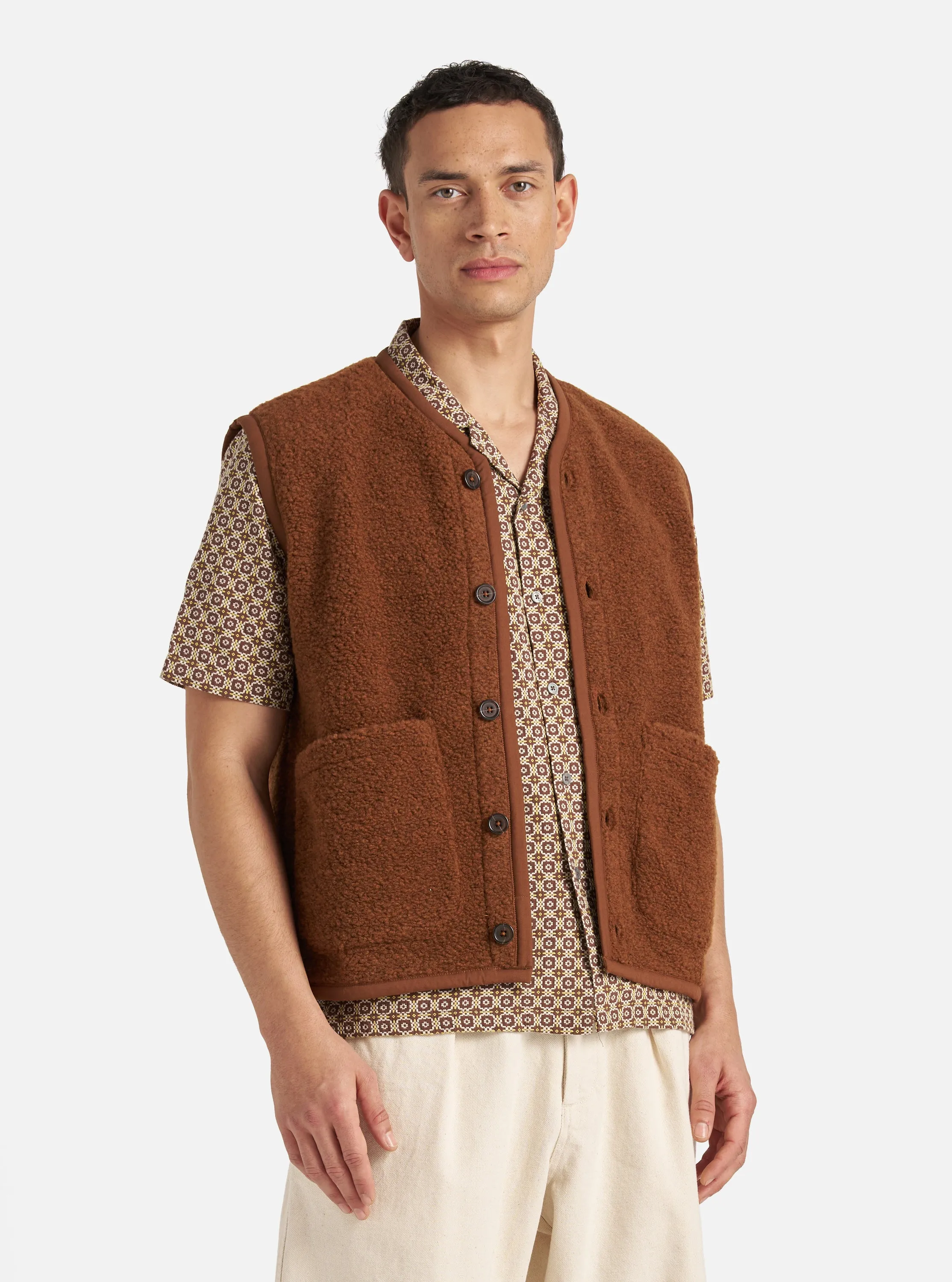 Universal Works Lancaster Gilet in Brown Alvar Fleece