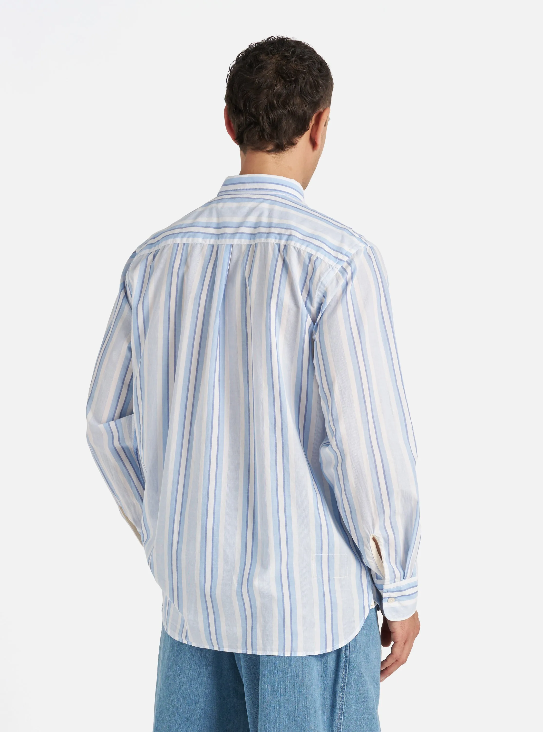 Universal Works Lazy Day Shirt in White/Blue Pop Stripe Two