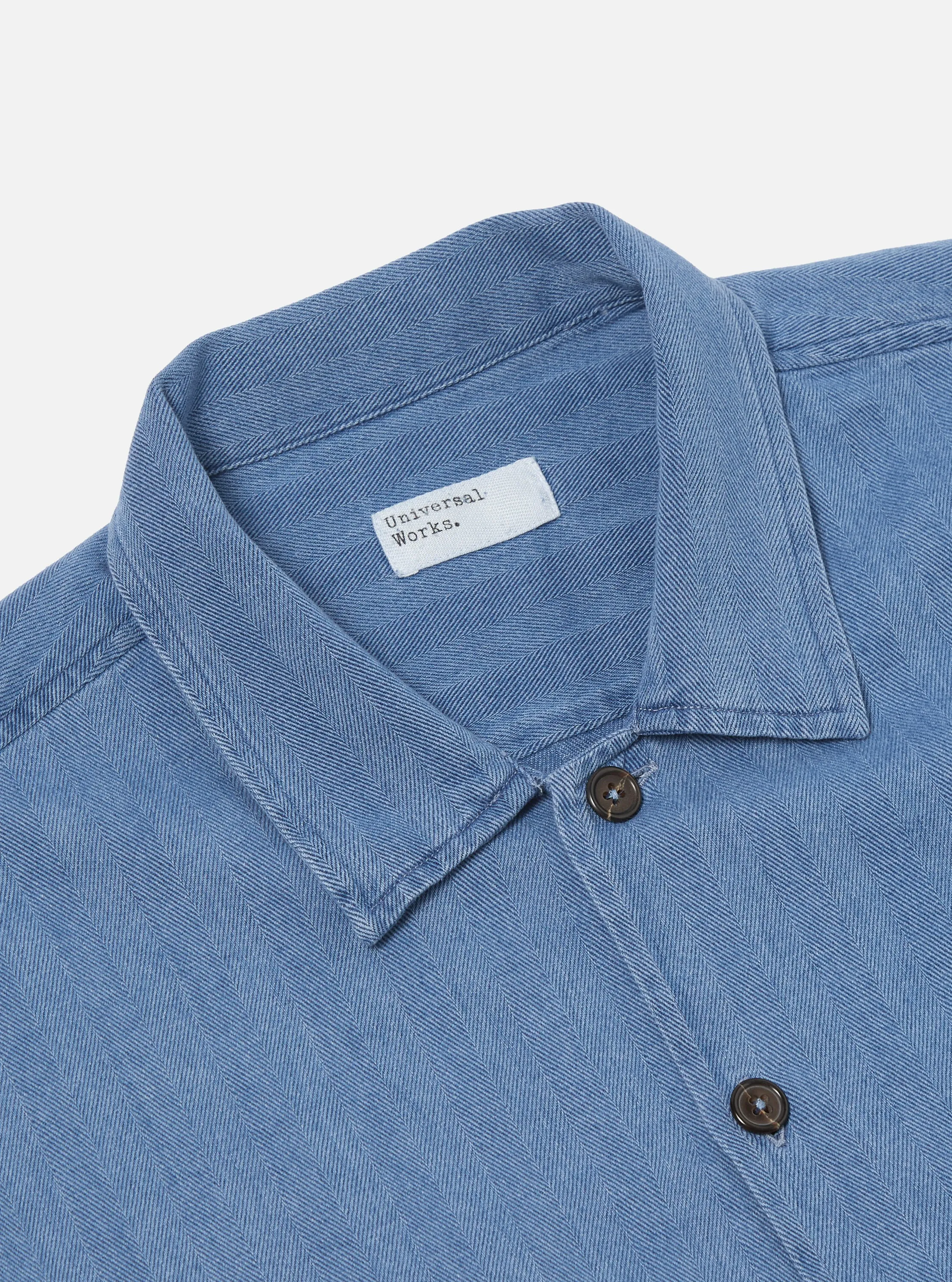 Universal Works L/S Utility Shirt in Washed Indigo Herringbone Denim