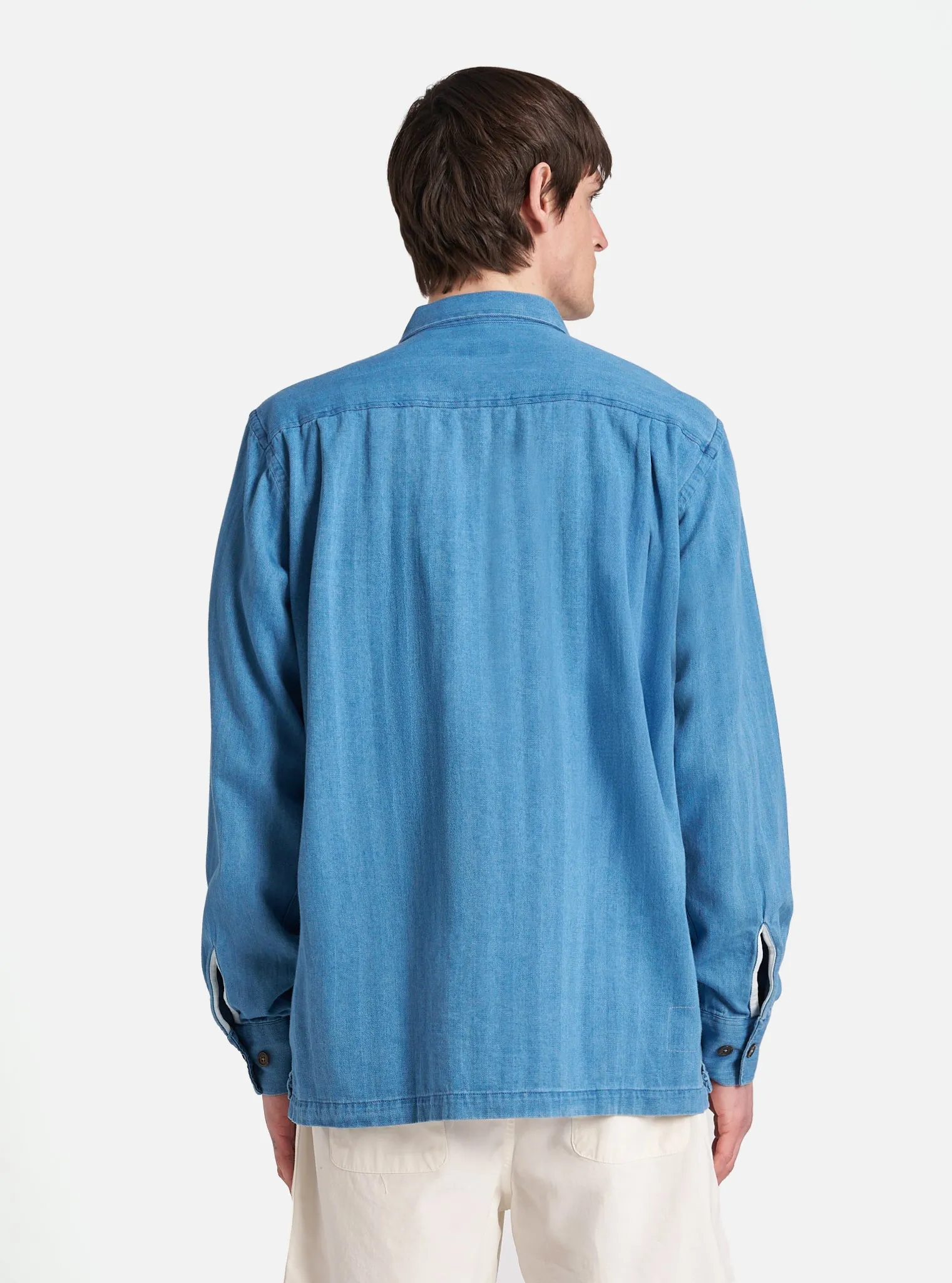 Universal Works L/S Utility Shirt in Washed Indigo Herringbone Denim