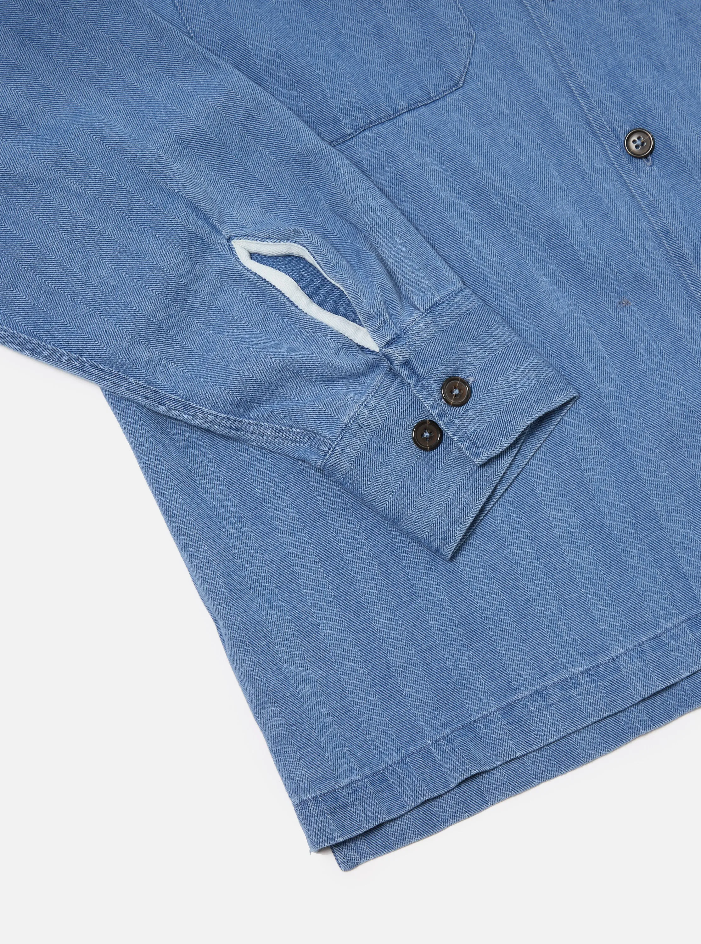Universal Works L/S Utility Shirt in Washed Indigo Herringbone Denim