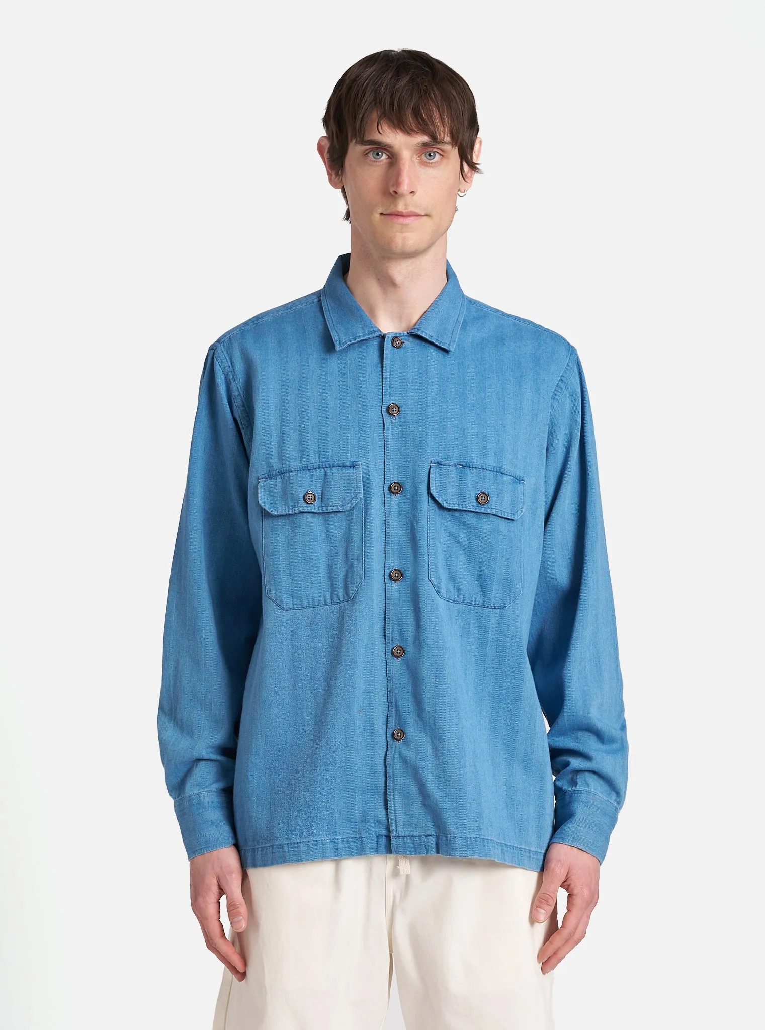 Universal Works L/S Utility Shirt in Washed Indigo Herringbone Denim