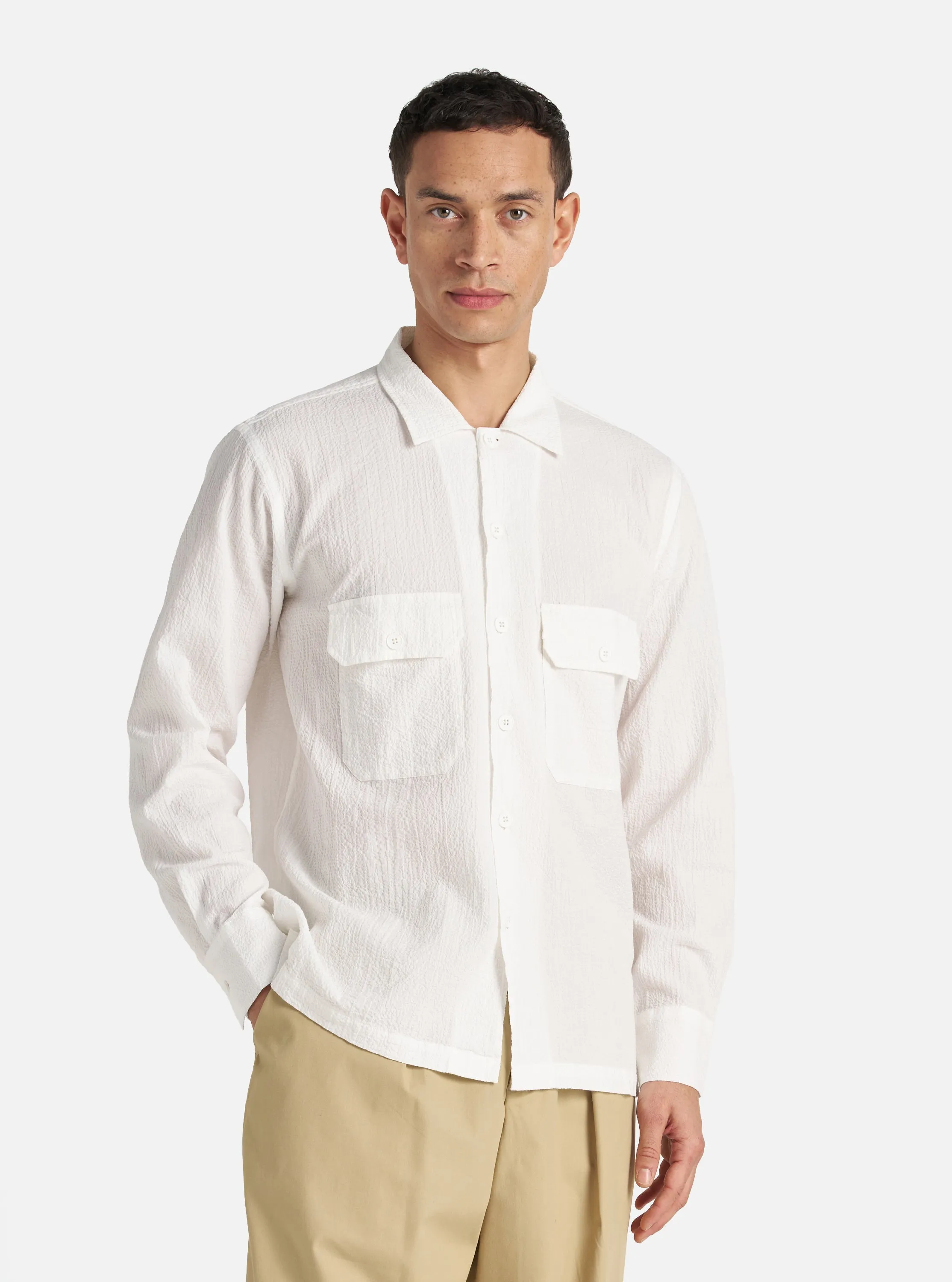 Universal Works L/S Utility Shirt in White Seersucker