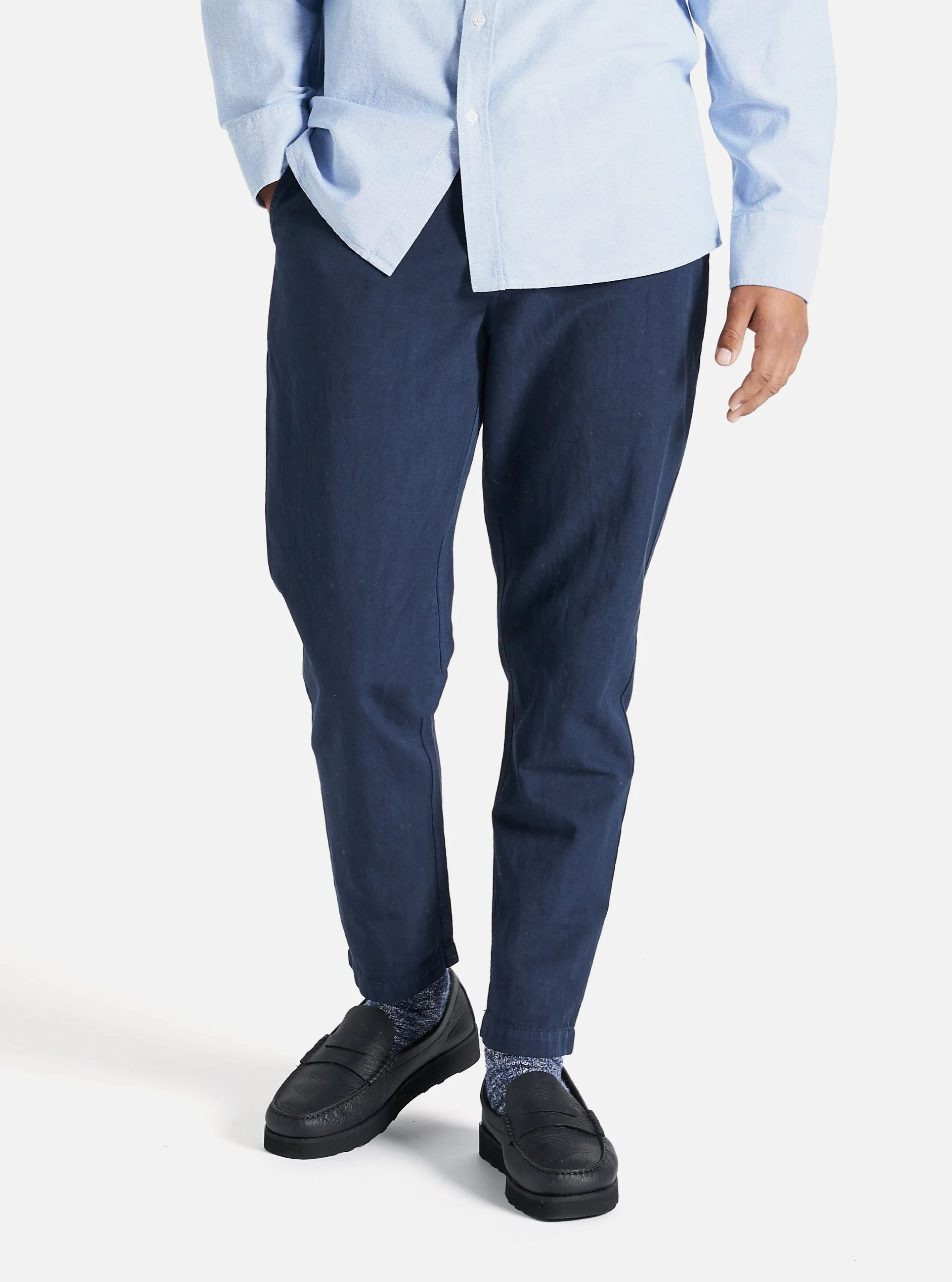 Universal Works Military Chino in Navy Linen Slub Weave