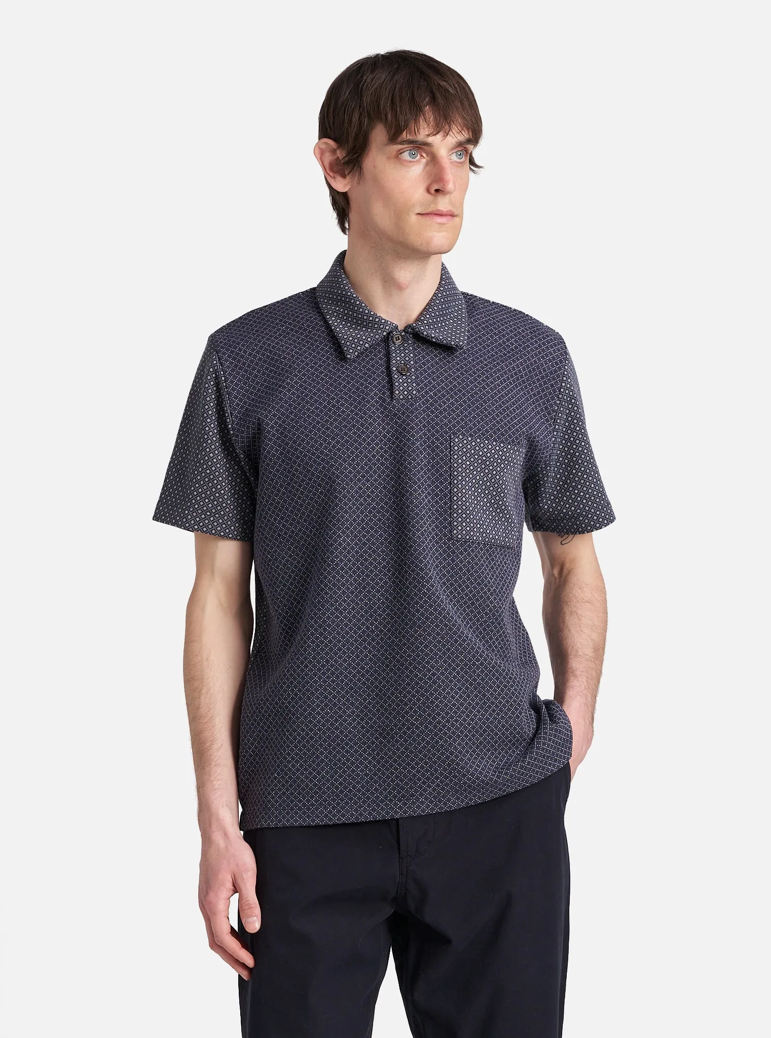 Universal Works Newlyn Polo in Navy Cotton Mix Fleece