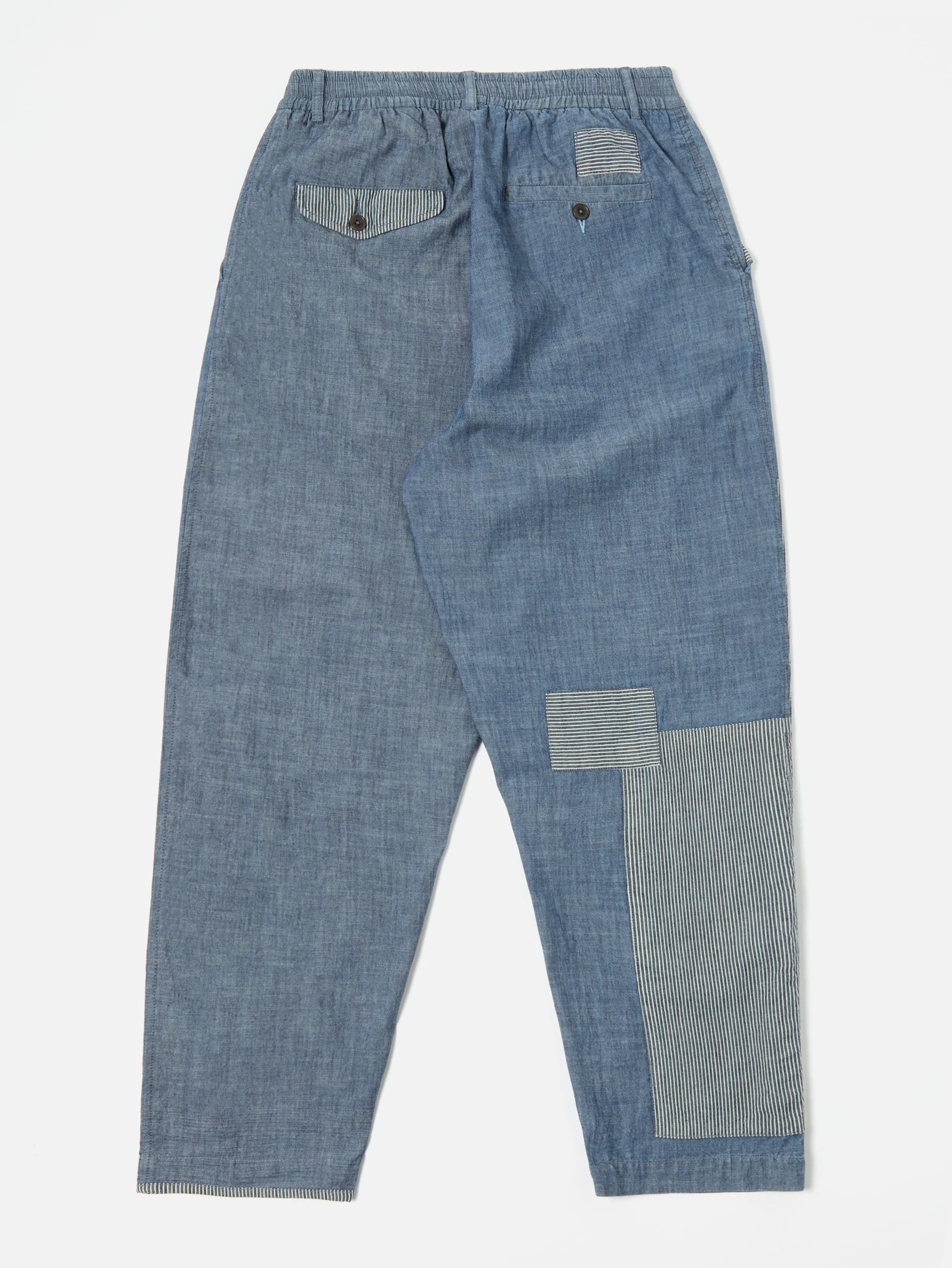 Universal Works Patched Pleated Track Pant in Indigo Chambray/Hickory Stripe Denim