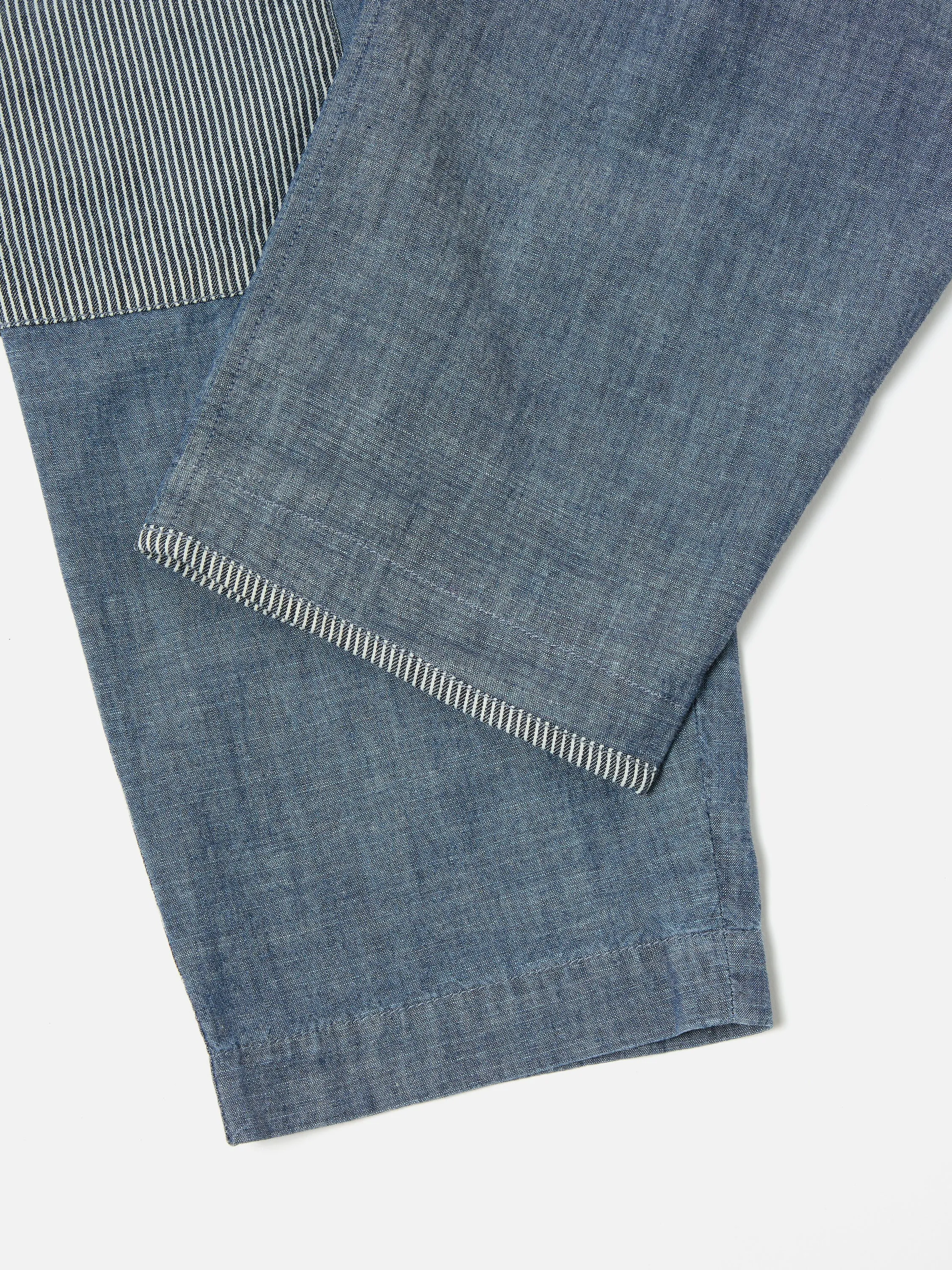 Universal Works Patched Pleated Track Pant in Indigo Chambray/Hickory Stripe Denim