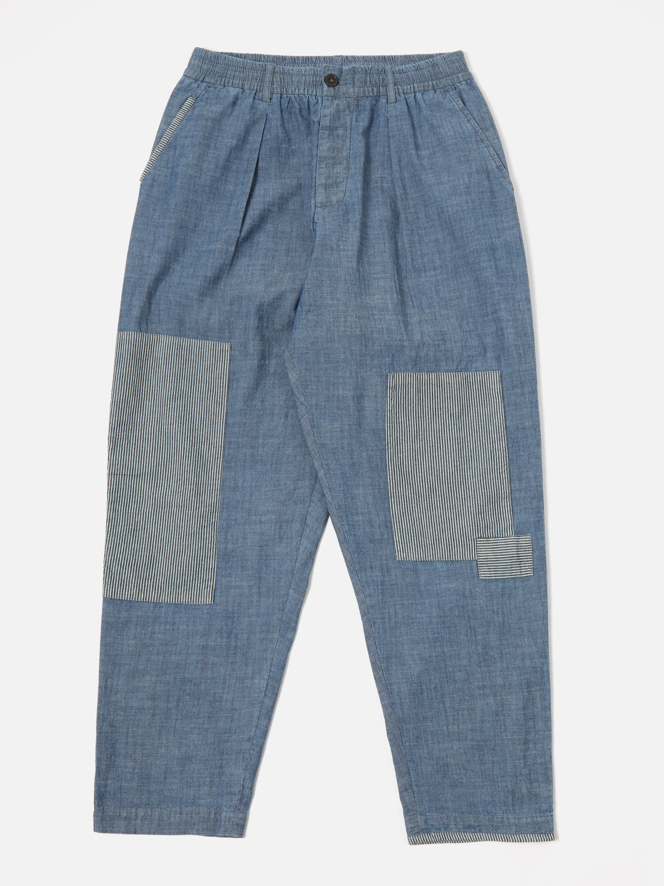 Universal Works Patched Pleated Track Pant in Indigo Chambray/Hickory Stripe Denim