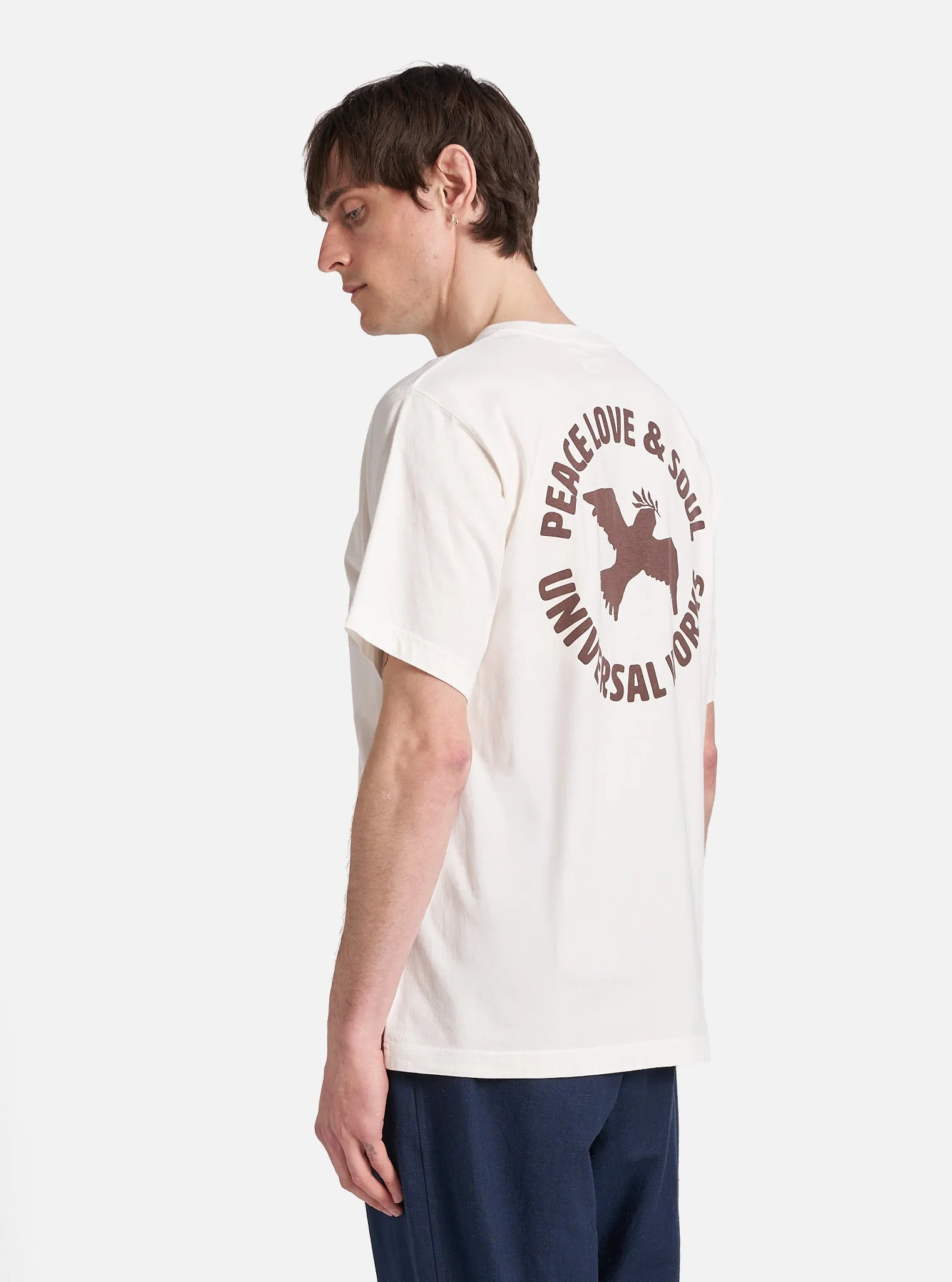 Universal Works 'Peace, Love & Soul' Print Tee in Ecru Single Jersey