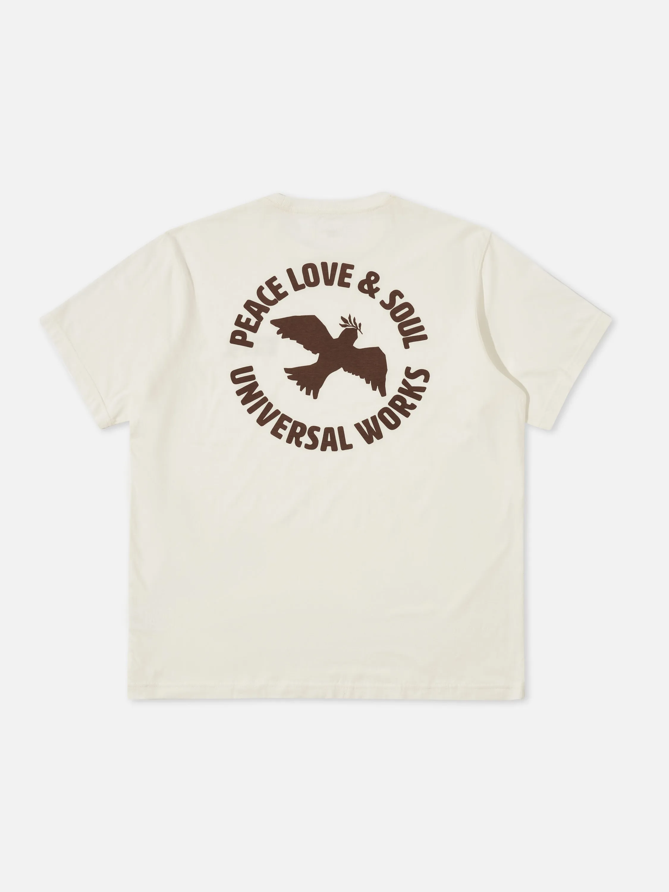 Universal Works 'Peace, Love & Soul' Print Tee in Ecru Single Jersey