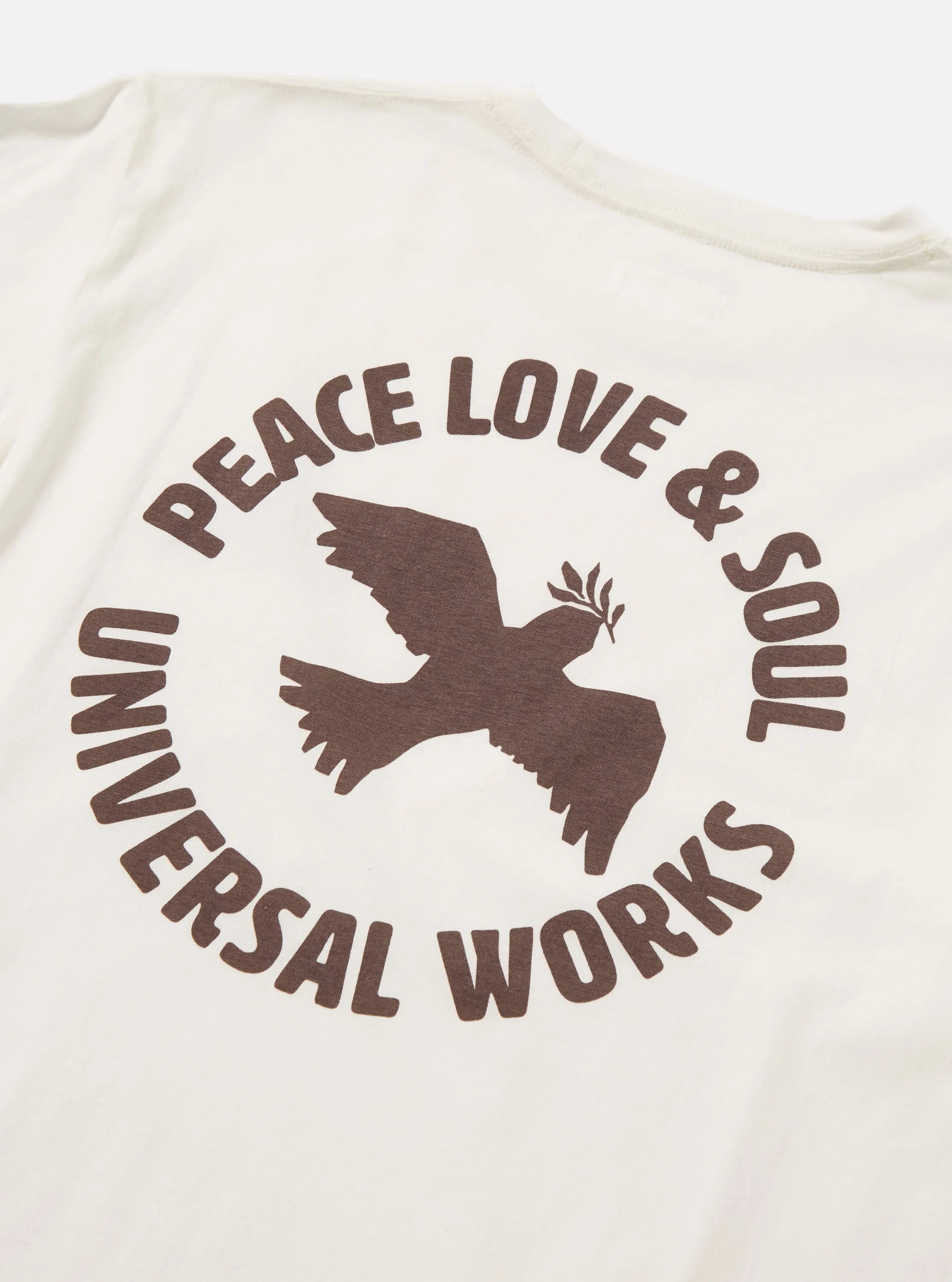 Universal Works 'Peace, Love & Soul' Print Tee in Ecru Single Jersey