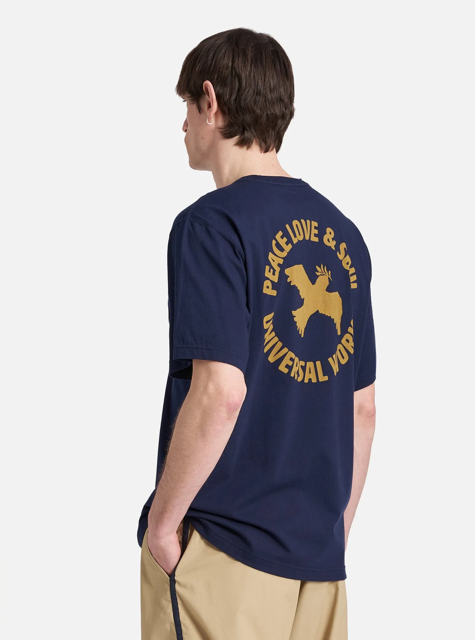 Universal Works 'Peace, Love & Soul' Print Tee in Navy Single Jersey