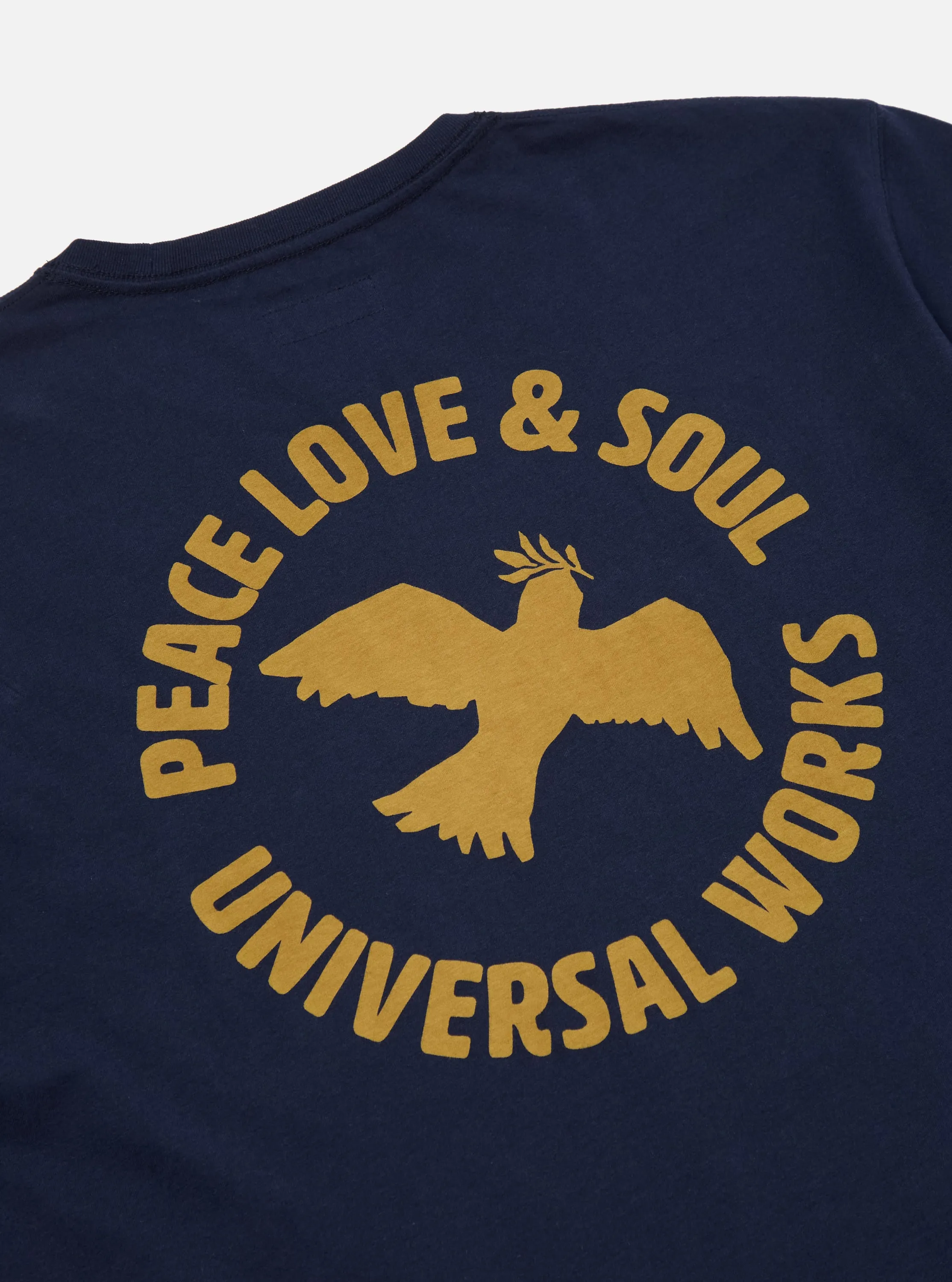 Universal Works 'Peace, Love & Soul' Print Tee in Navy Single Jersey