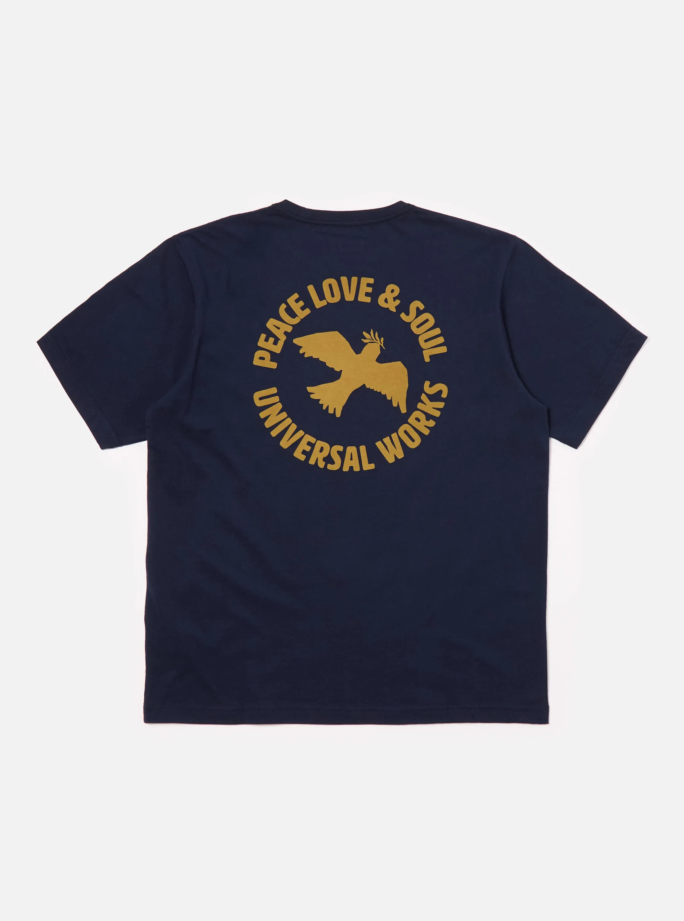 Universal Works 'Peace, Love & Soul' Print Tee in Navy Single Jersey